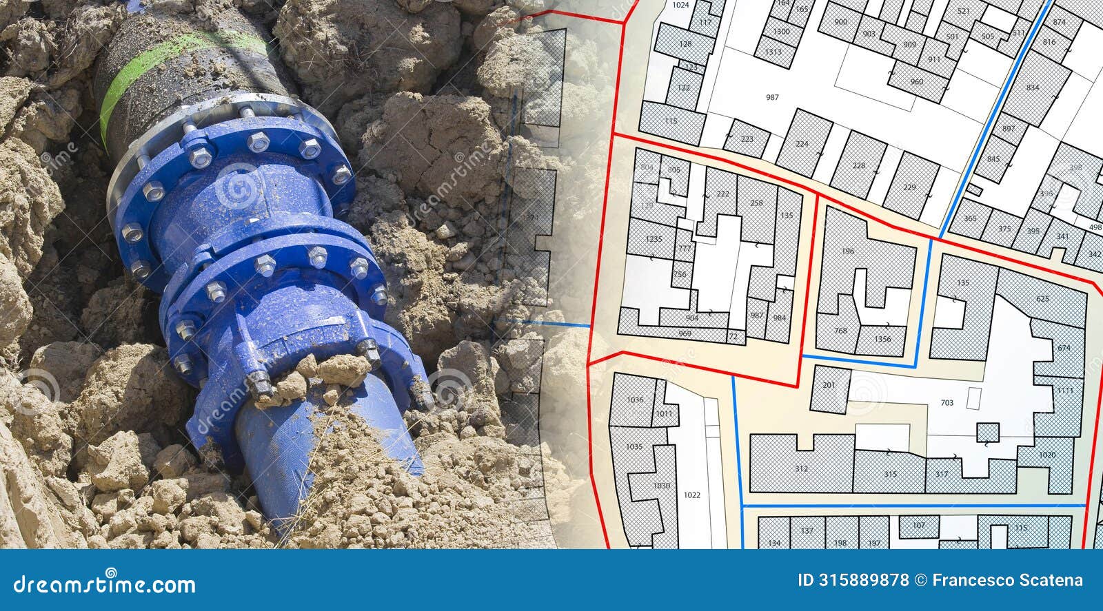 construction site with new hydraulic system of drinking water to be carried below ground surface level and imaginary cadastral map
