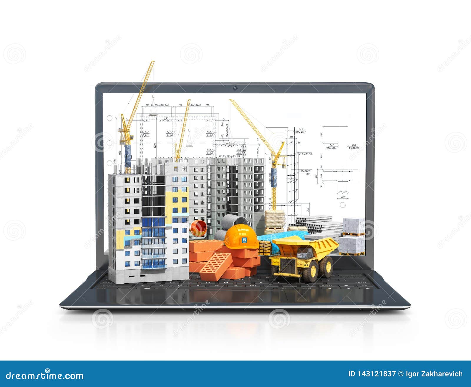 construction site on the screen of a portable computer, skyscraper building, building materials