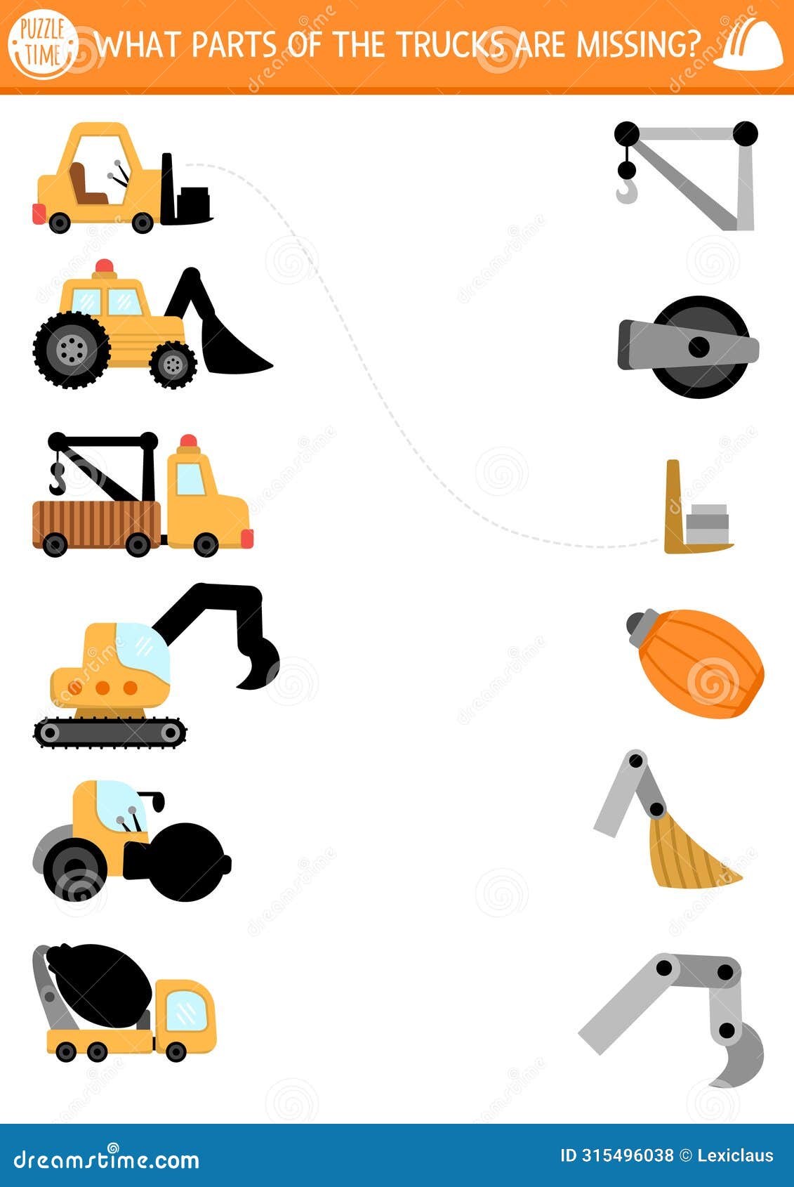 construction site shadow matching activity with special technics and missing parts. match silhouette game, printable worksheet.