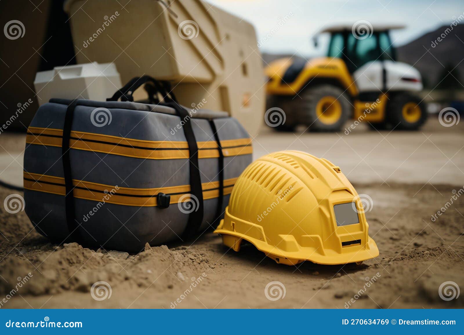 Construction Site Suitcase with Tools and Yellow Construction Helmet