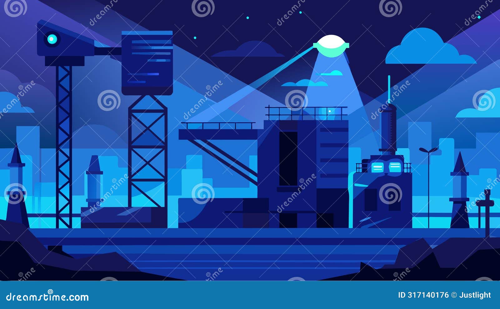 the construction site takes on a futuristic appearance at night as the bright floodlights emit a surreal blue glow on