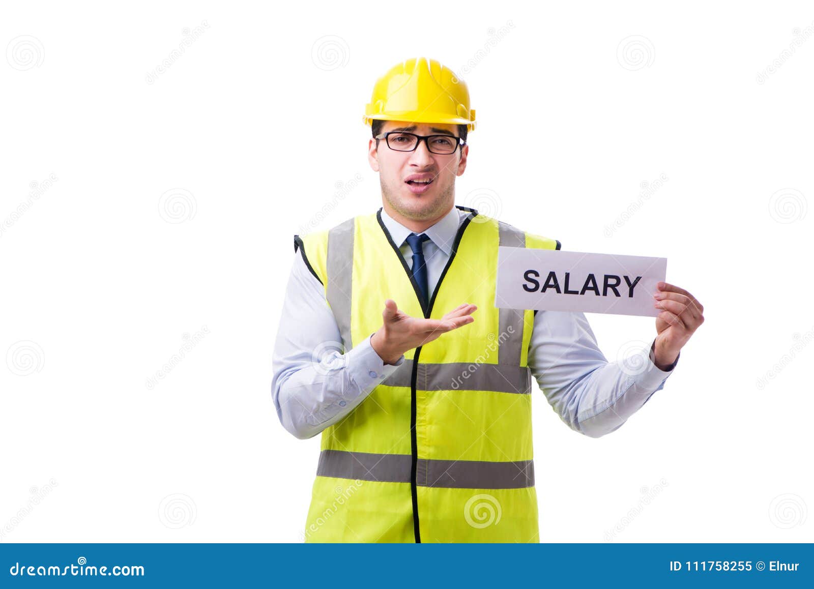 Construction Supervisor Asking for Higher Salary Isolated on Whi Stock