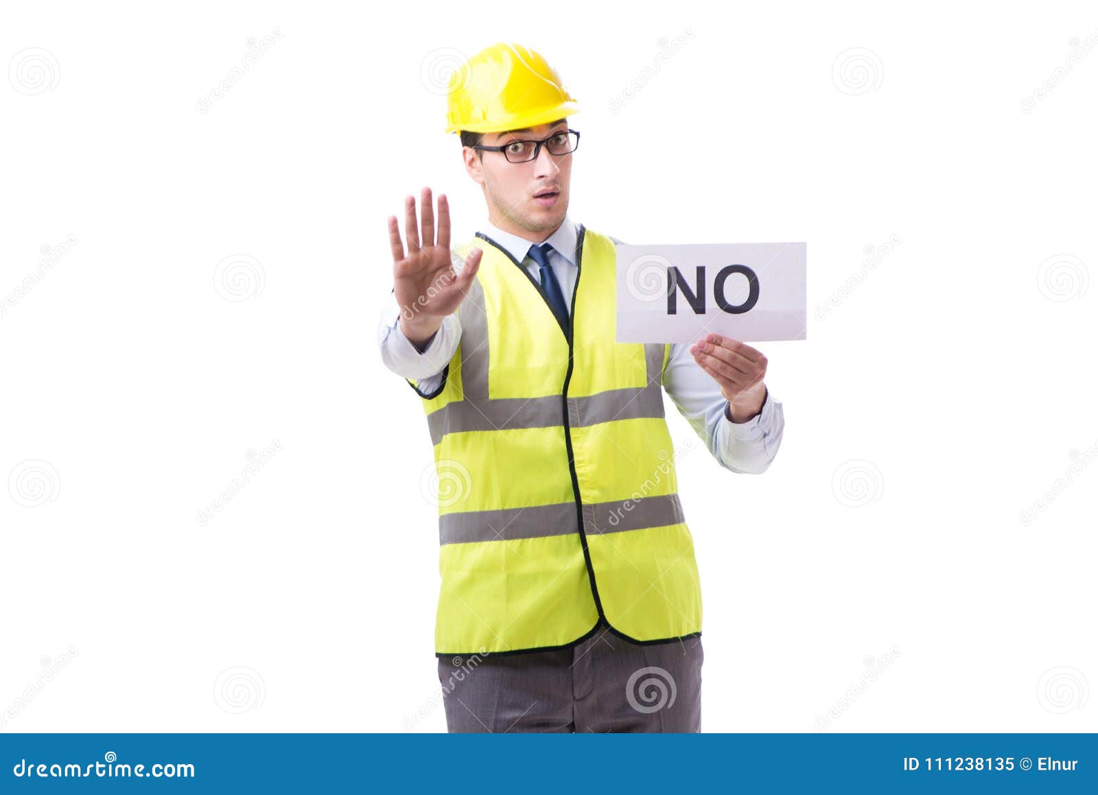 construction supervisor with no asnwer  on white backgro
