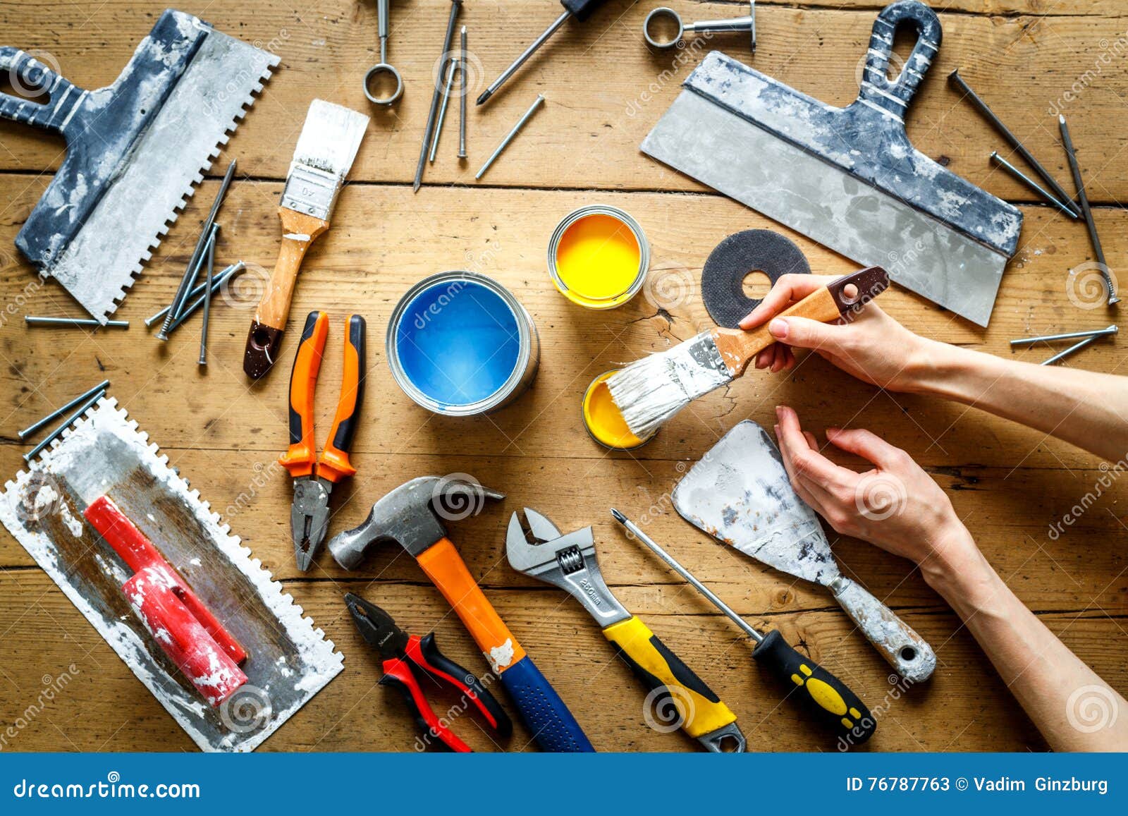 Construction Tools for Painting with Can of Yellow Paint Stock Image