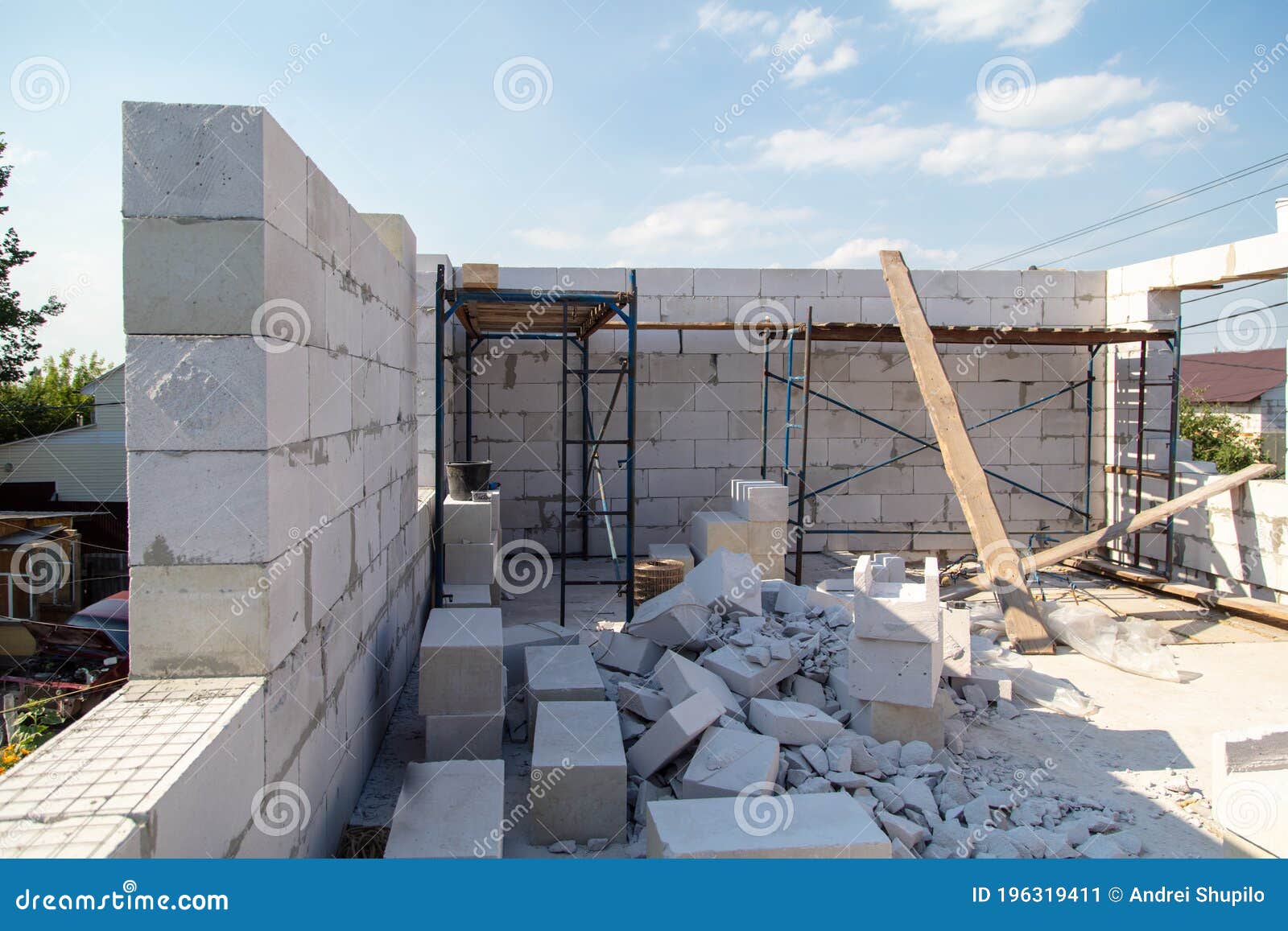 Construction of the Walls of the House from Foam Concrete Bricks Stock