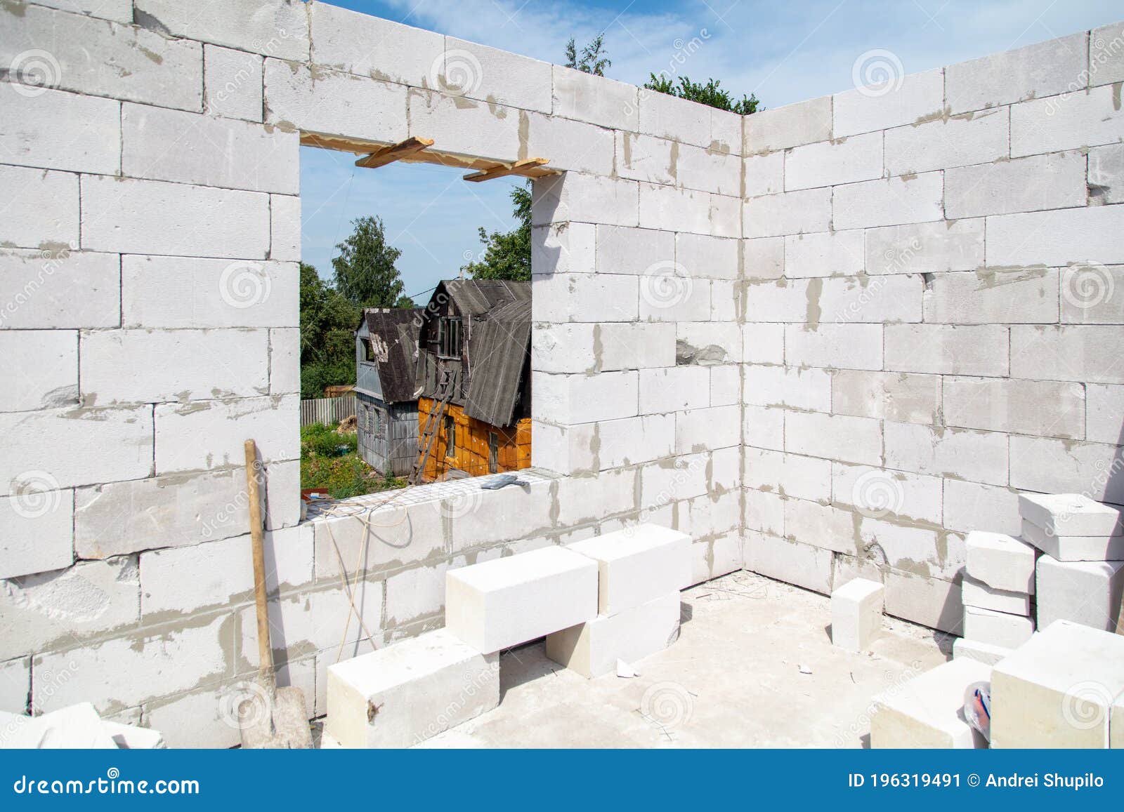 Construction of the Walls of the House from Foam Concrete Bricks Stock Image Image of