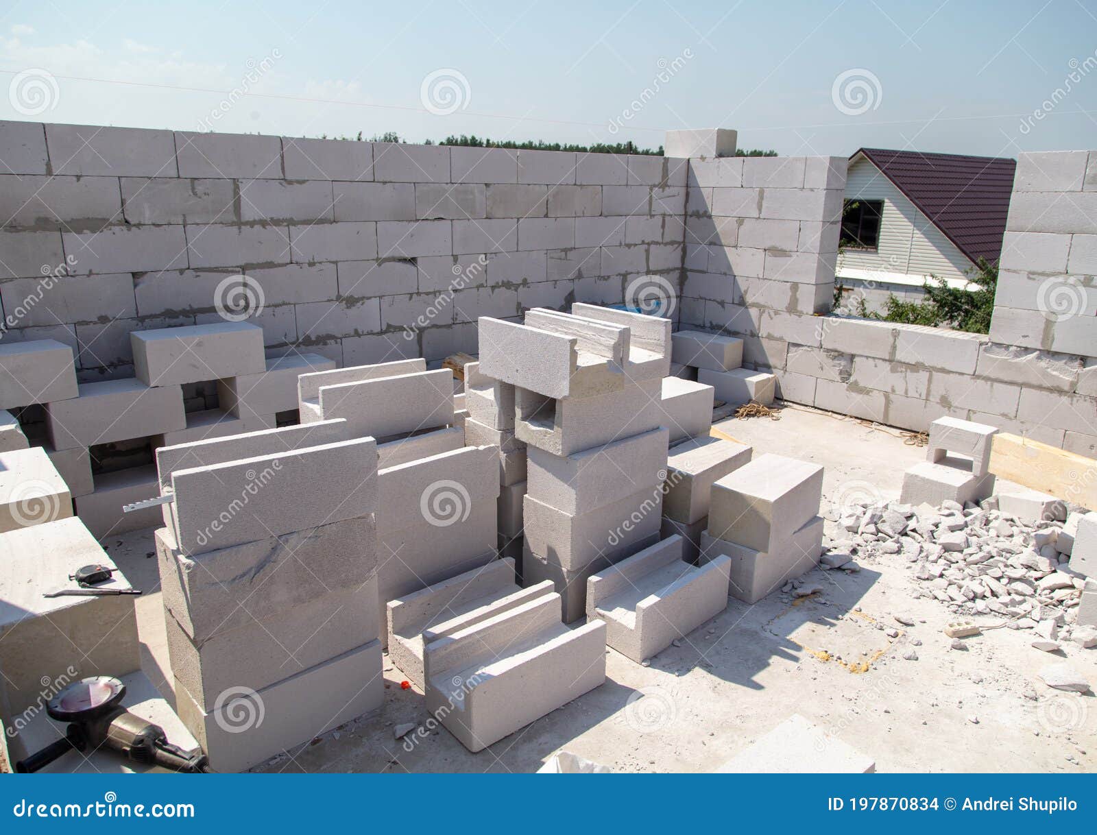 Construction of the Walls of the House from Foam Concrete Bricks Stock Photo Image of