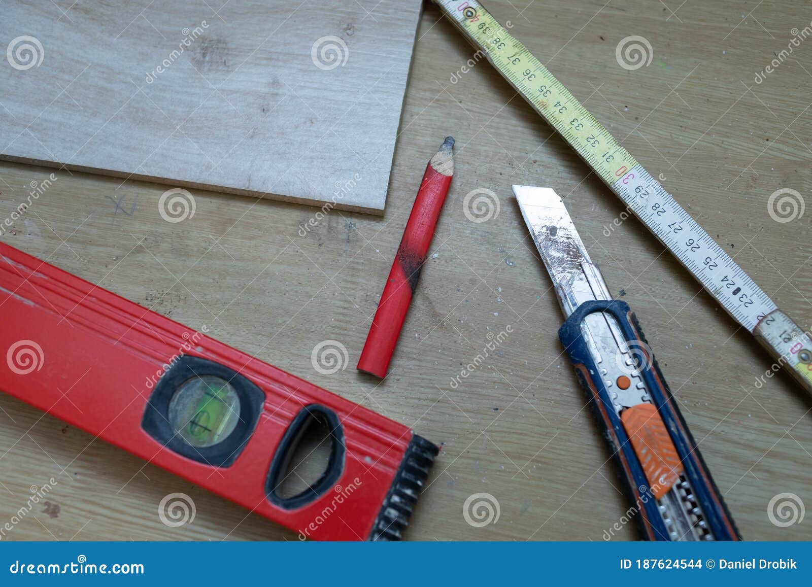 During Construction Work, Various Measuring Tools for the Job Lie on