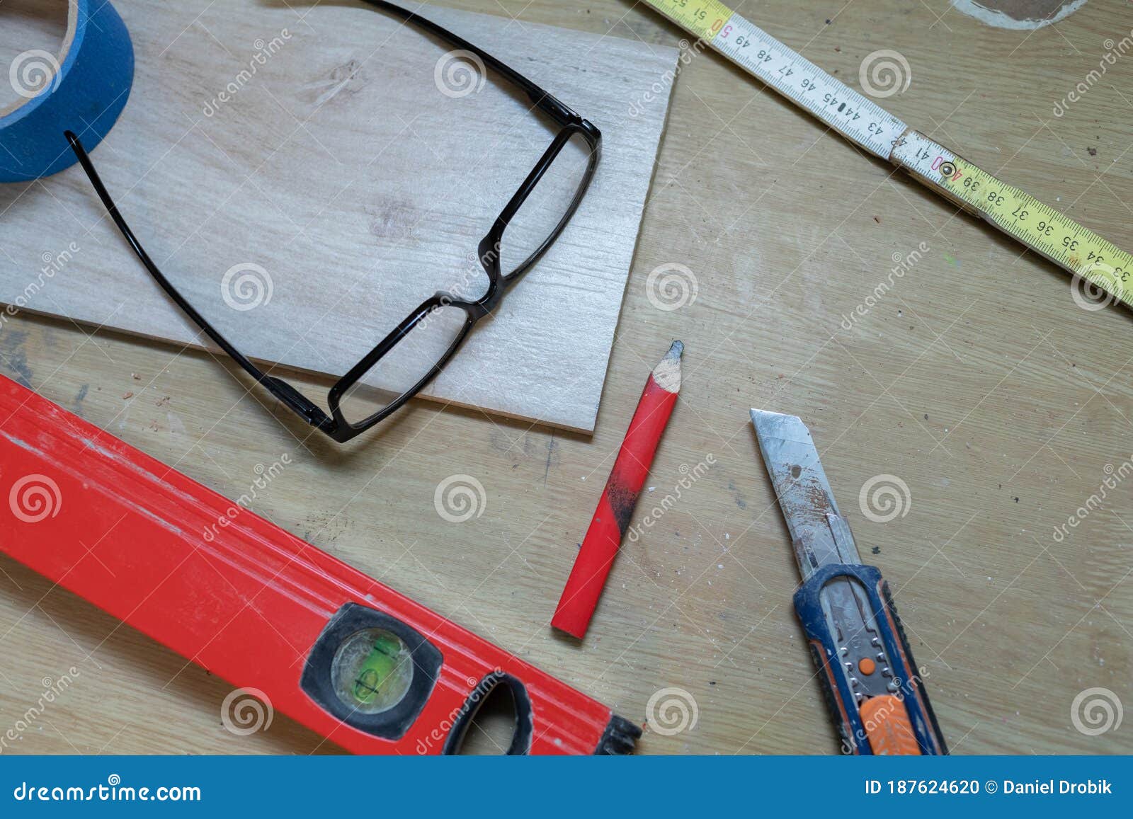During Construction Work, Various Measuring Tools for the Job Lie on