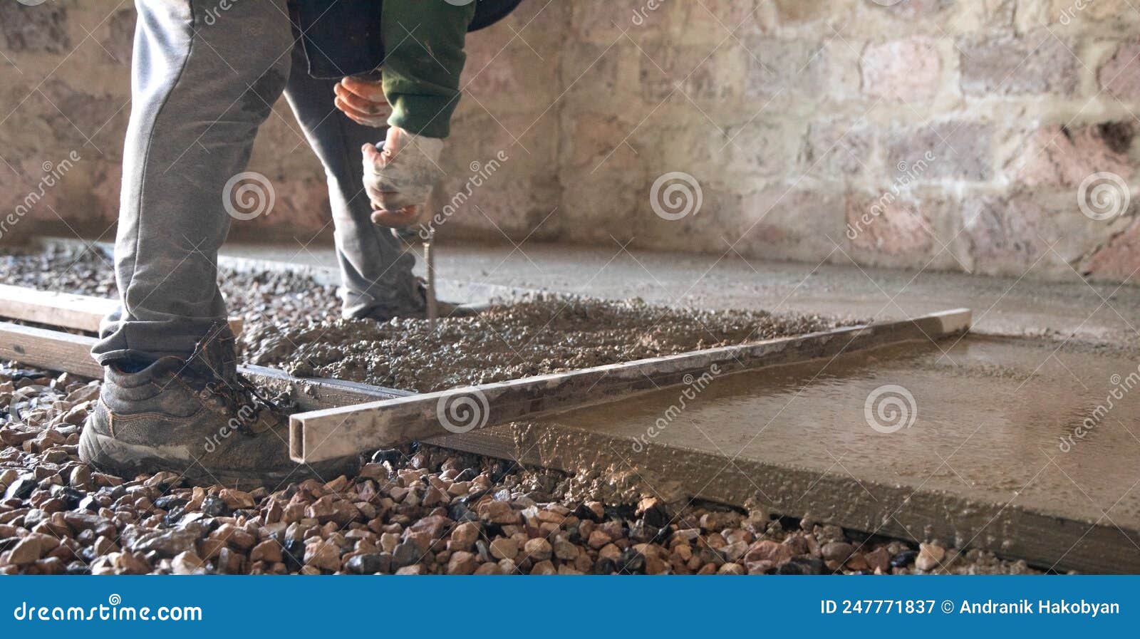 Construction Worker Aligns Concrete Screed Floor Stock Image Image of material, work 247771837