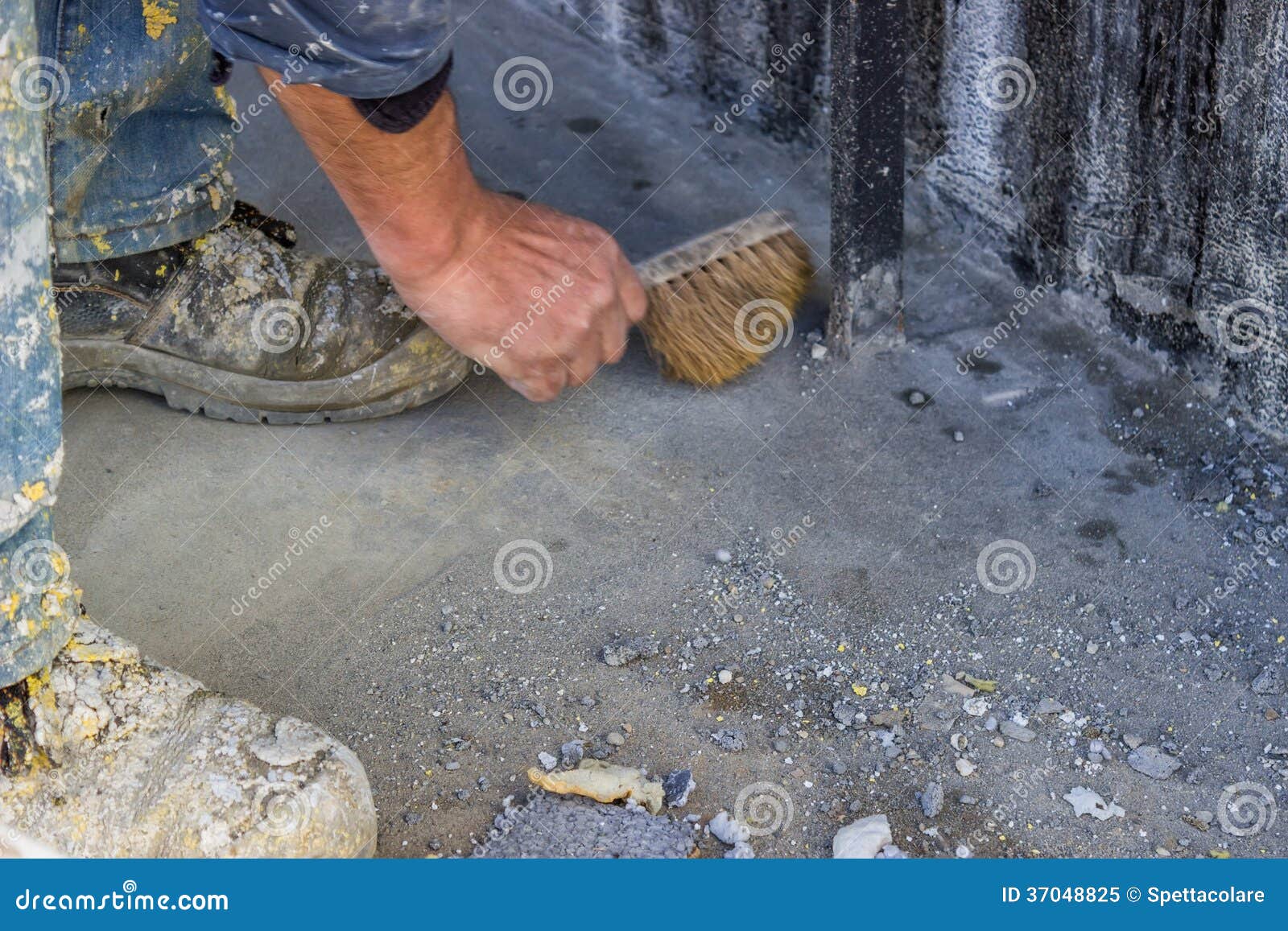 Construction Worker with Broom Sweeping Concrete 2 Stock Image Image