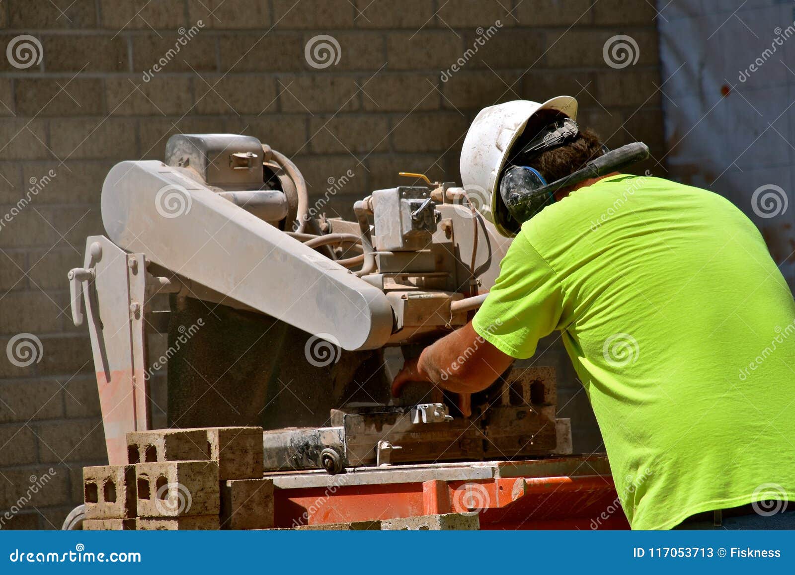 Construction Worker Cutting Bricks on Saw Editorial Stock Photo Image