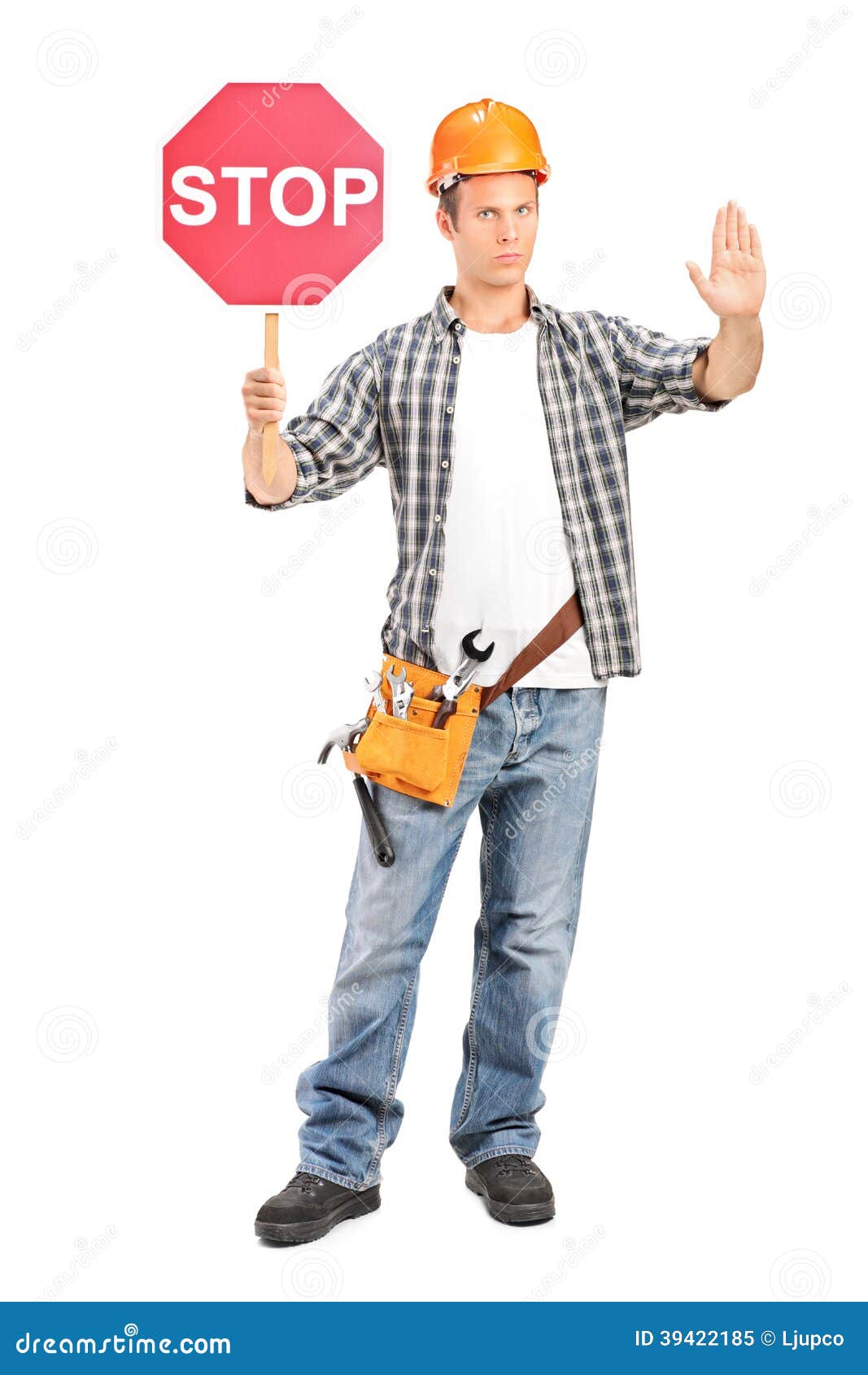 Construction Worker Holding a Stop Sign Stock Image - Image of posing