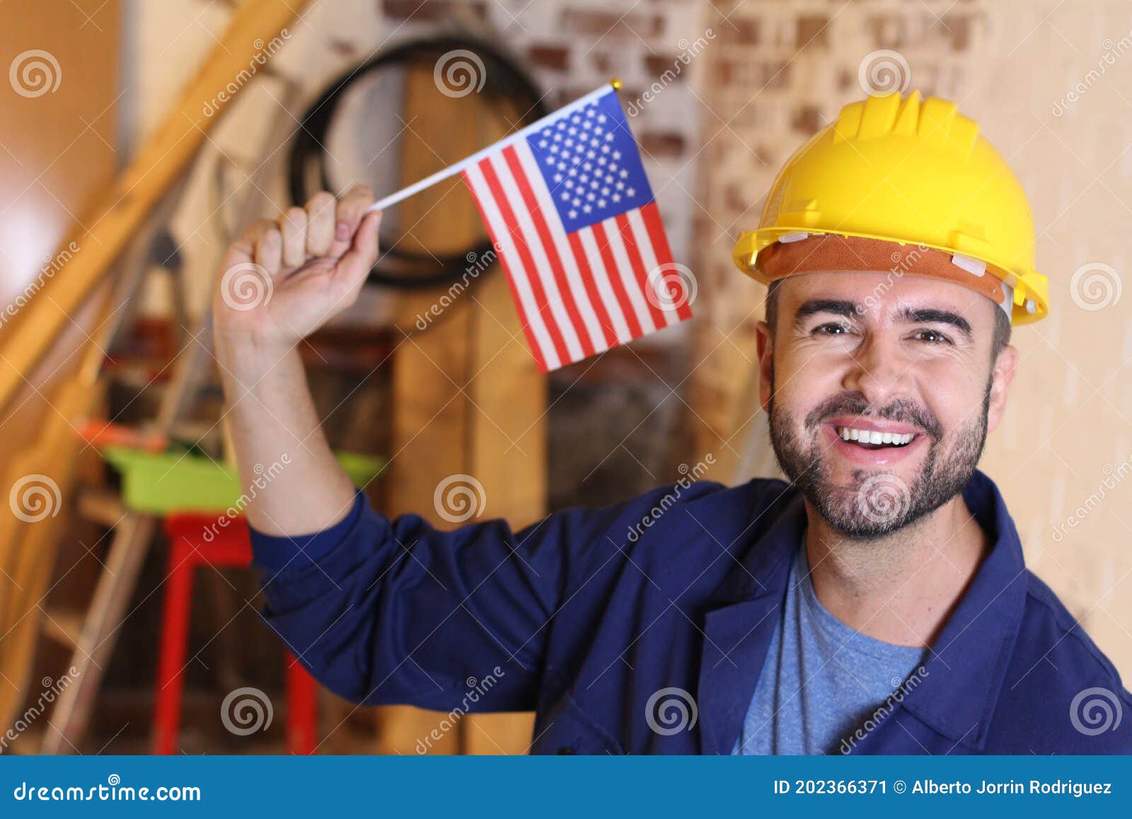 Construction Worker Holding USA Flag Stock Image Image of america