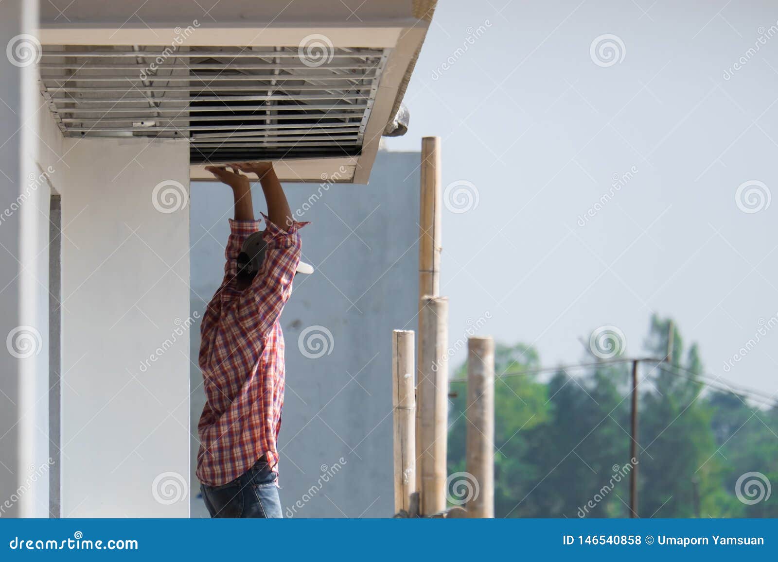 Construction Worker Installing Ceiling Board Exterior Build Stock