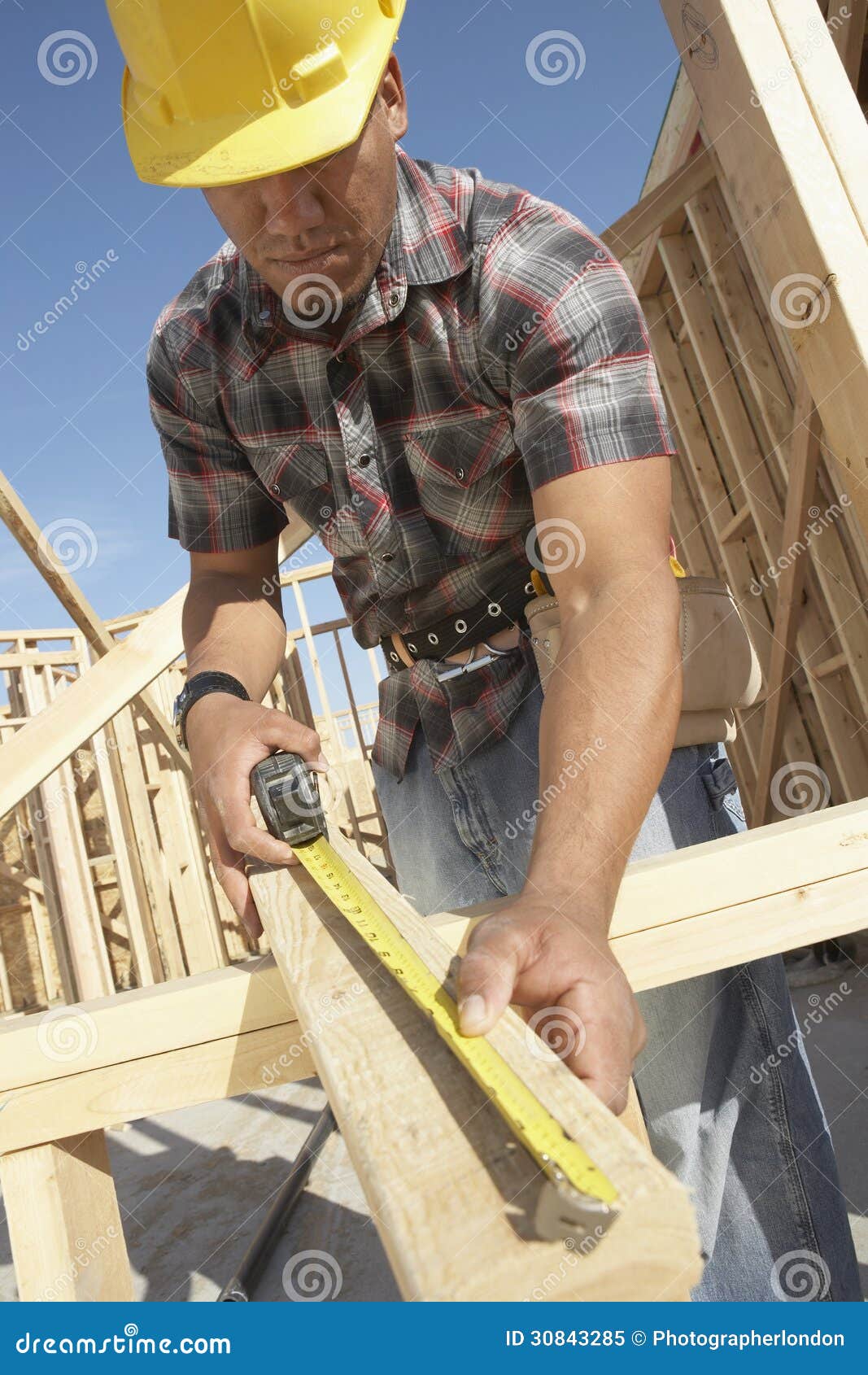 Construction Worker Measuring Timber Stock Image Image of crew, hands