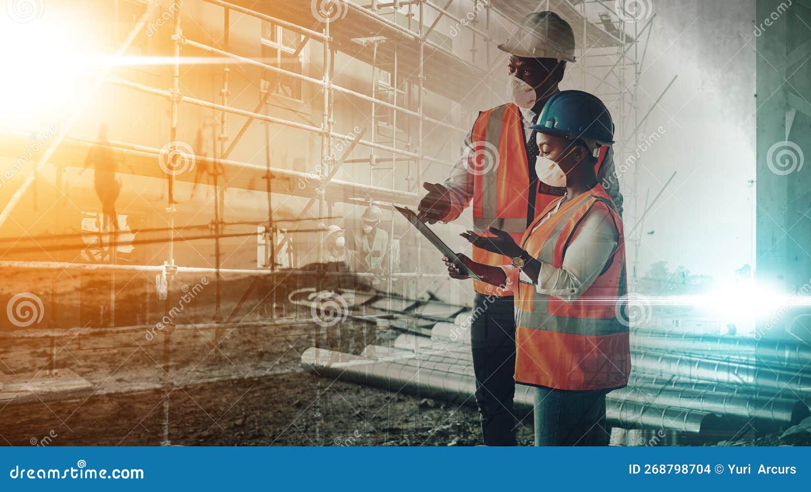 Construction Worker, People and Face Mask with Inspection Documents for