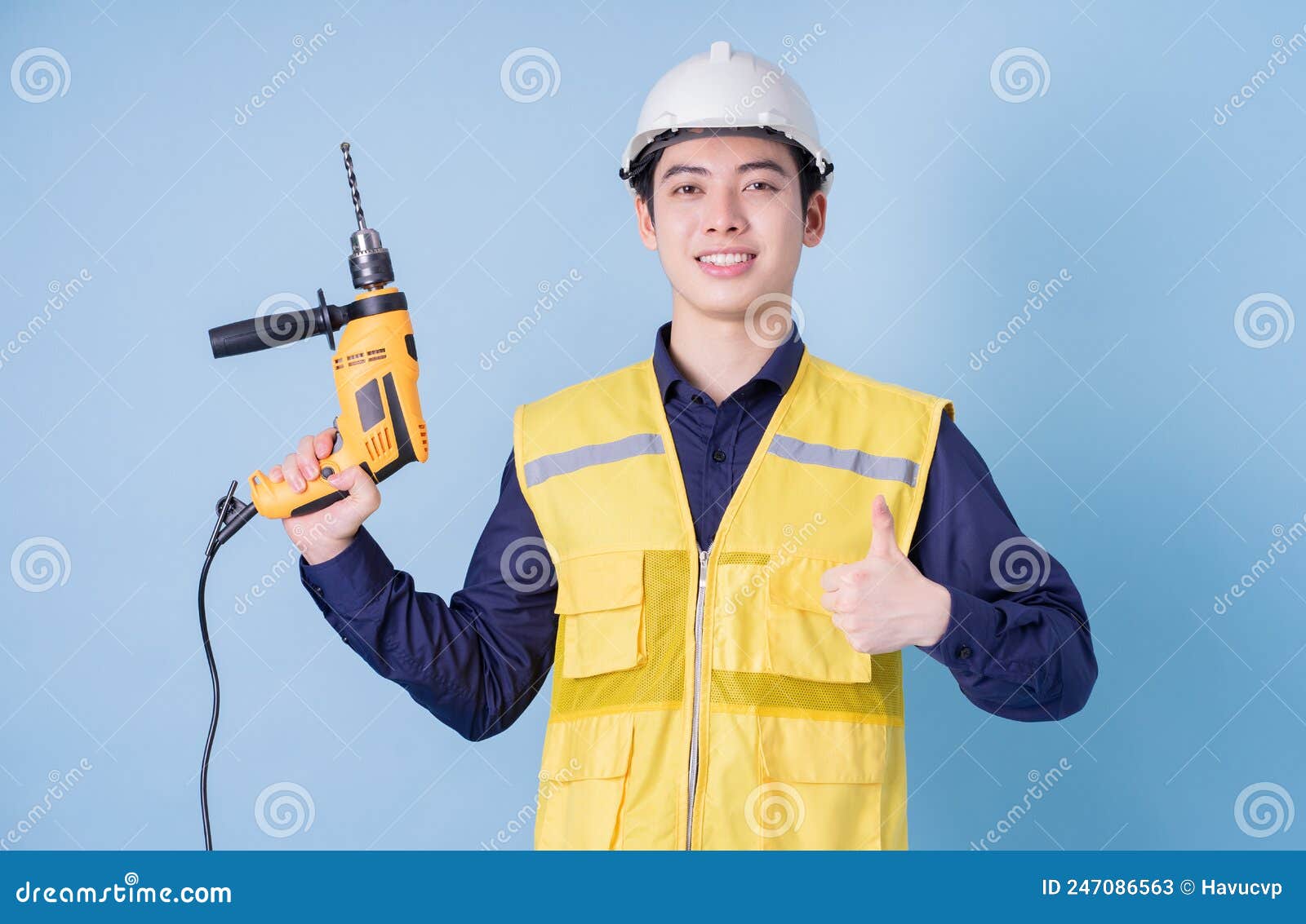 Construction Worker Portrait on Blue Background Stock Image Image of