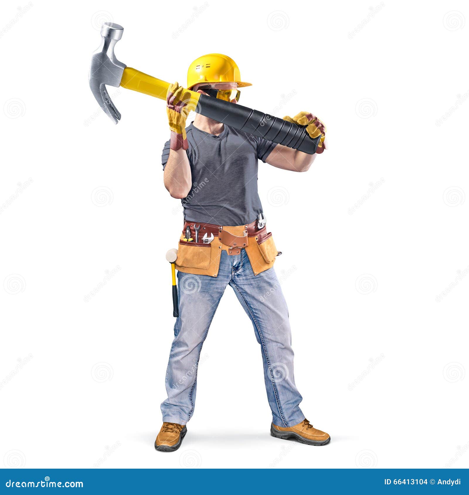 Construction Worker with Tool Belt and Hammer Stock Photo Image of