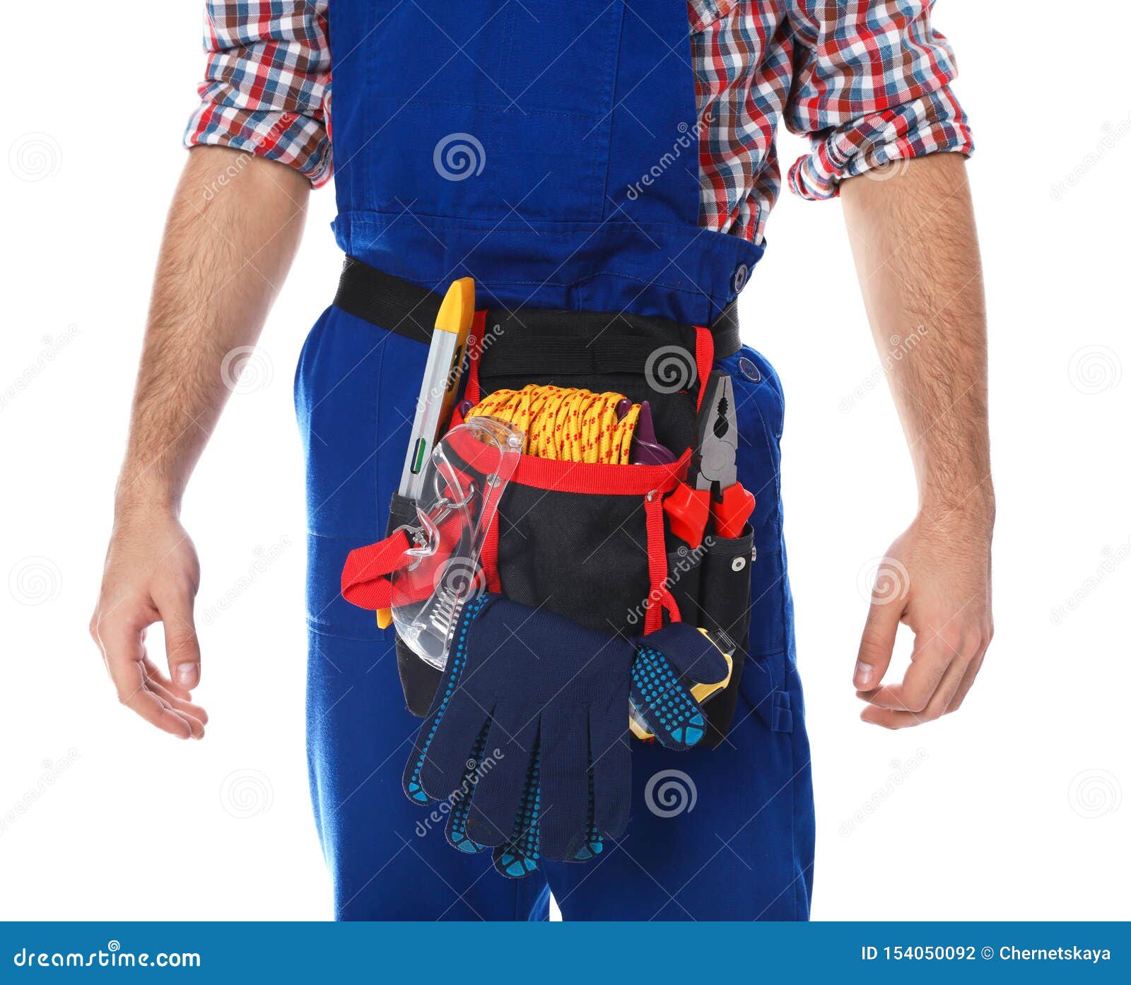 Construction Worker with Tool Belt on White Background, Stock Photo