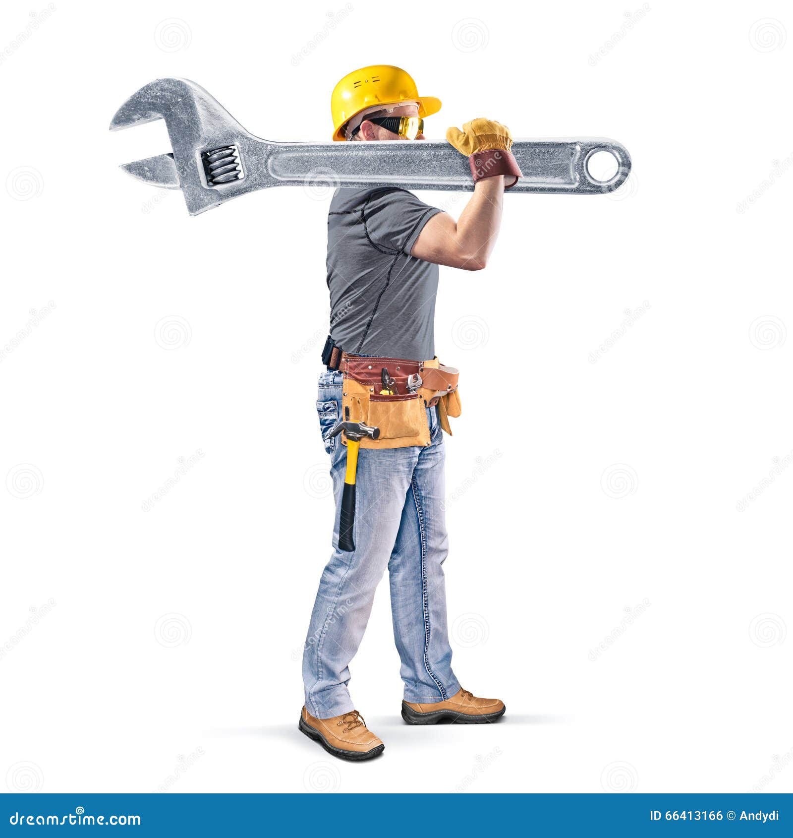 Construction Worker with Tool Belt and Wrench Stock Photo Image of