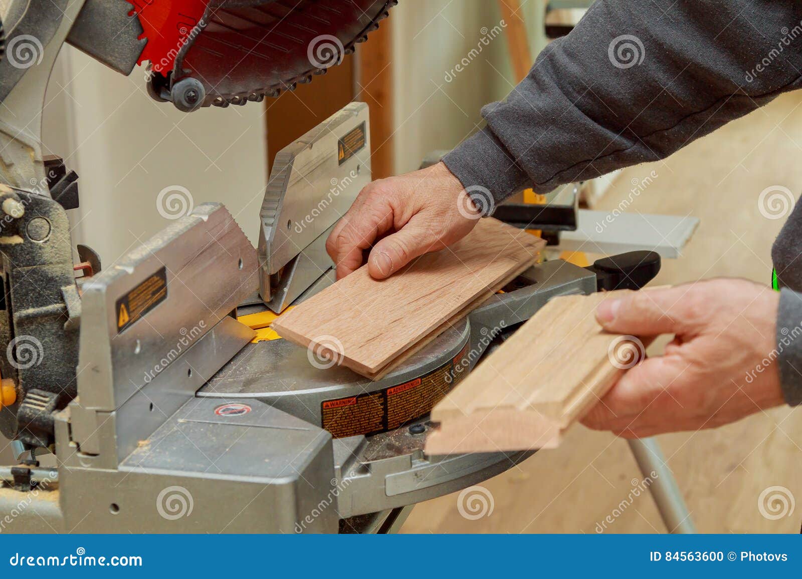 Construction Worker, Trimming Parquet on Using Circular Miter Saw Cutting Stock Photo Image of