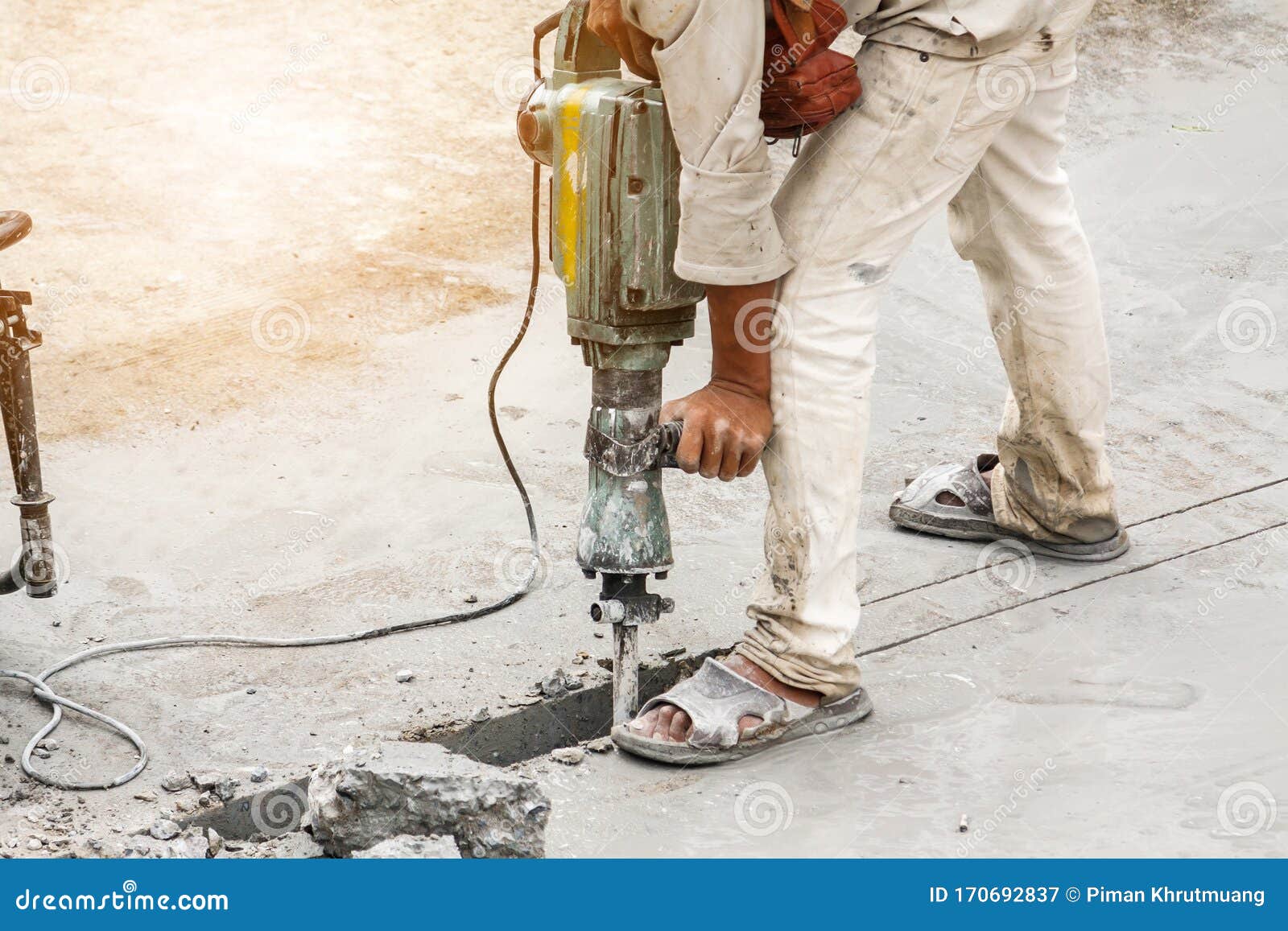 Worker Using Jackhammer Drilling Concrete Surface Stock Image Image