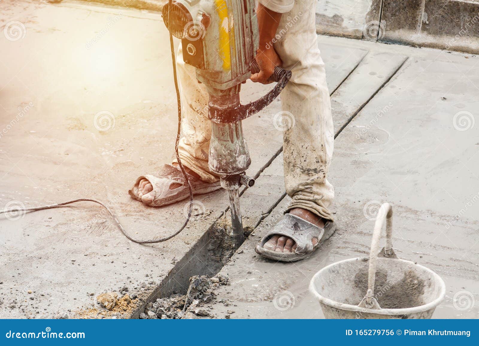 Worker Using Jackhammer Drilling Concrete Surface Stock Photo - Image ...