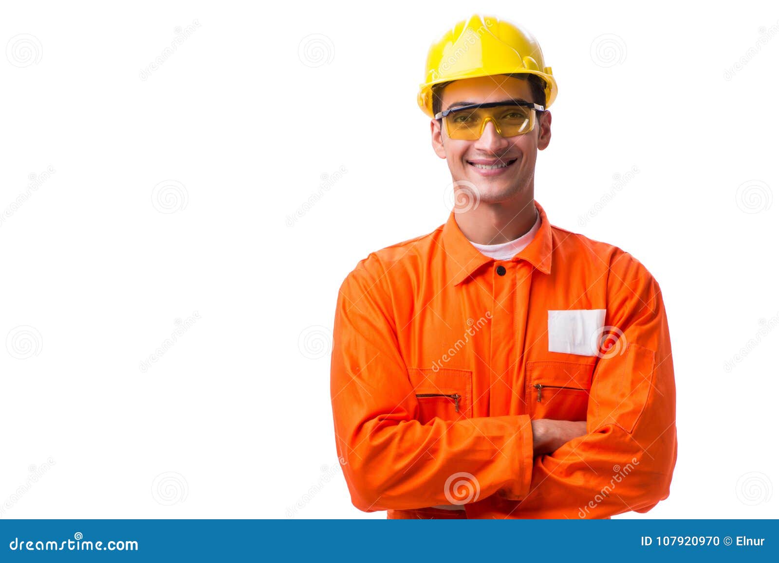 The Construction Worker Wearing Hard Hat Isolated on White Stock Photo