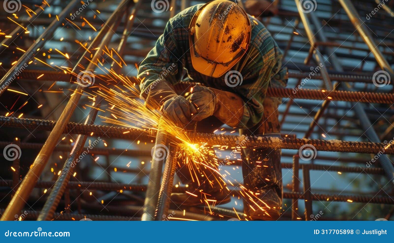 a construction worker welds metal pipes together creating the sy framework of a building