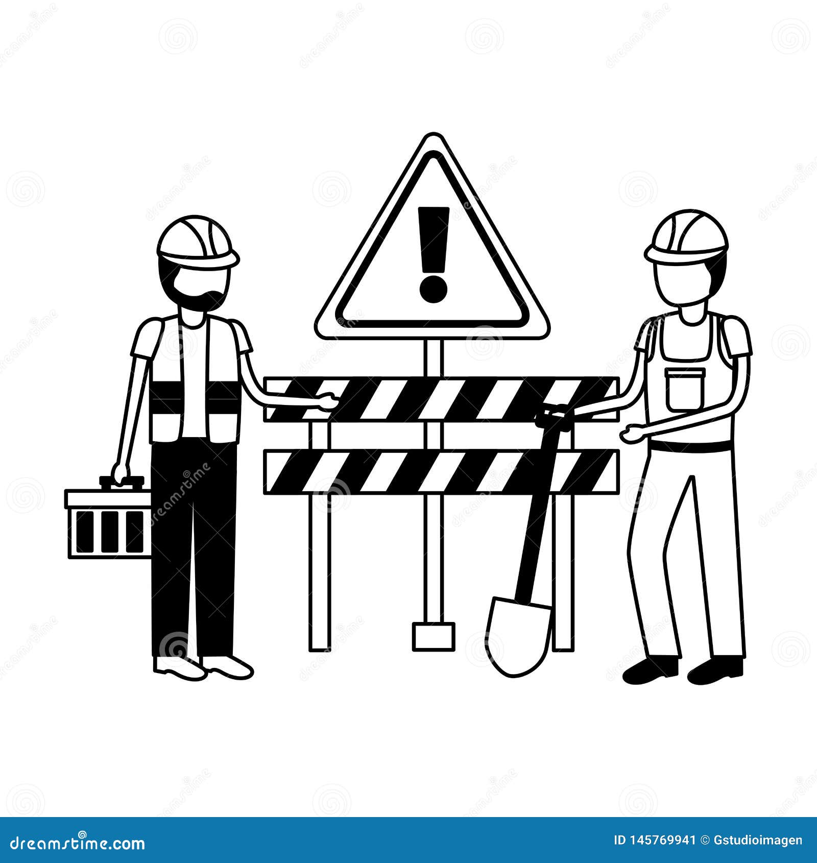 Construction Workers Barrier Shovel Stock Illustration Illustration