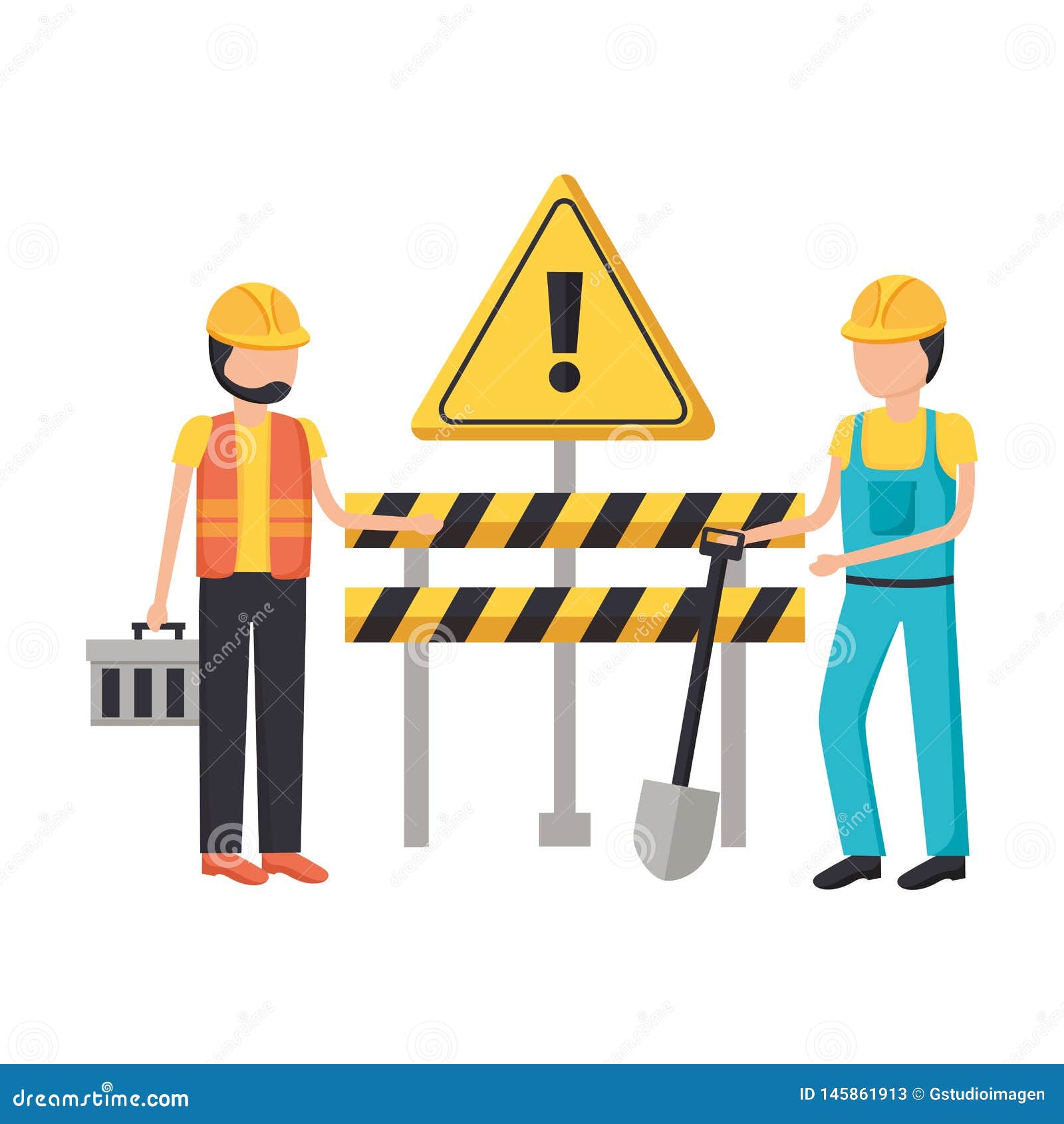 Construction Workers Barrier Shovel Stock Illustration Illustration