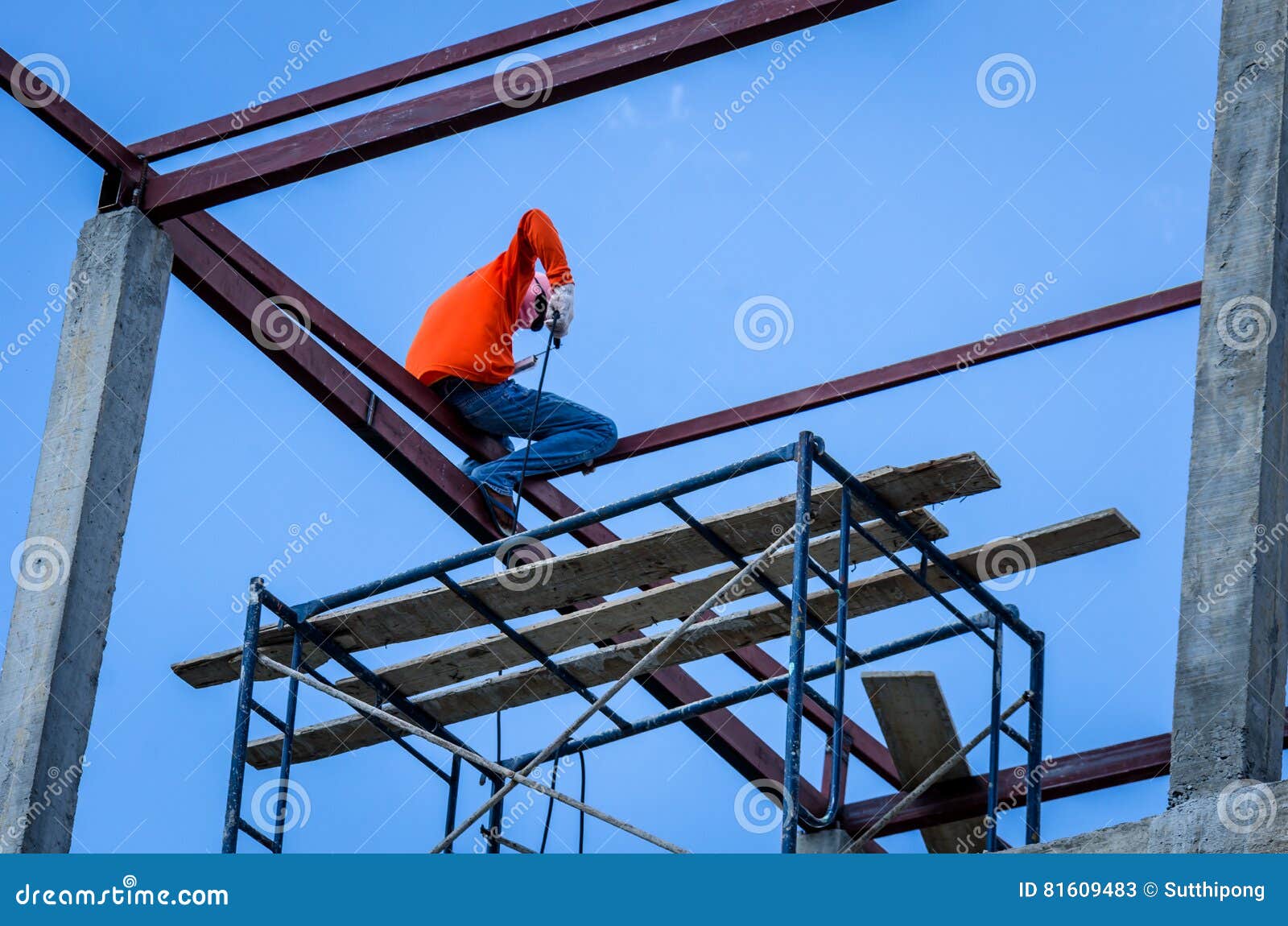 Construction Workers Working on High. Stock Image Image of pole, iron