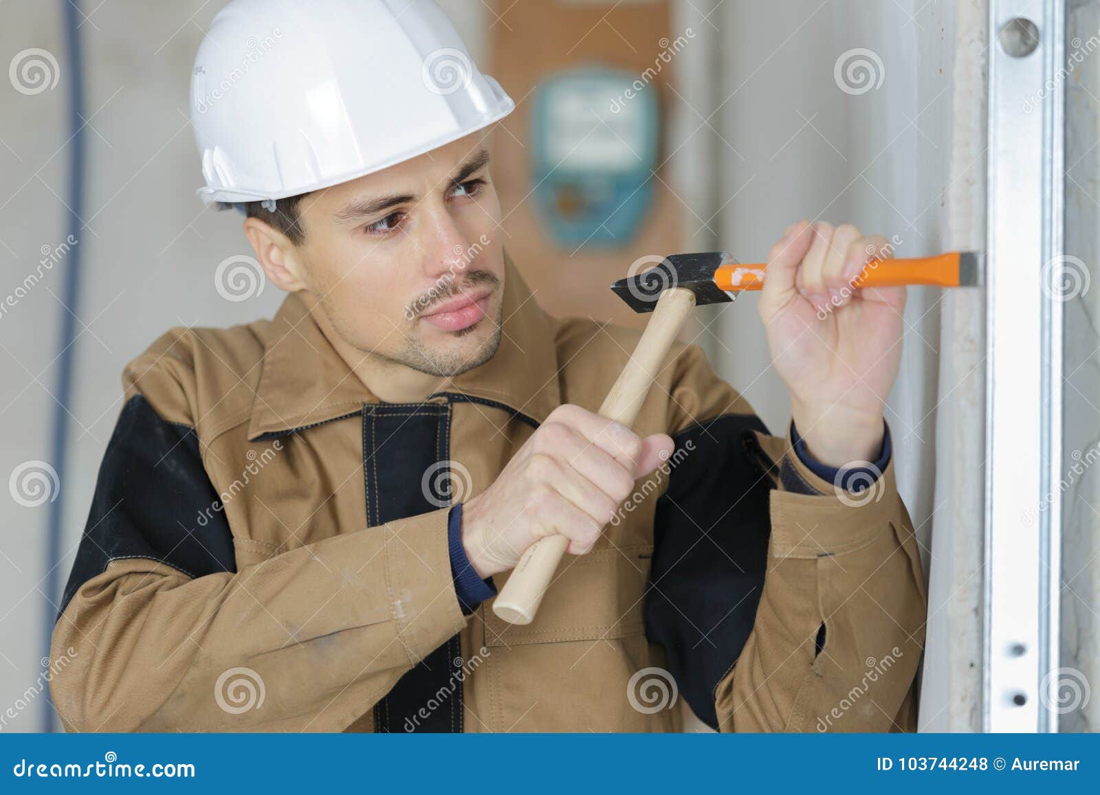 Constructon Worker Using Hammer and Chisel Stock Photo - Image of happy