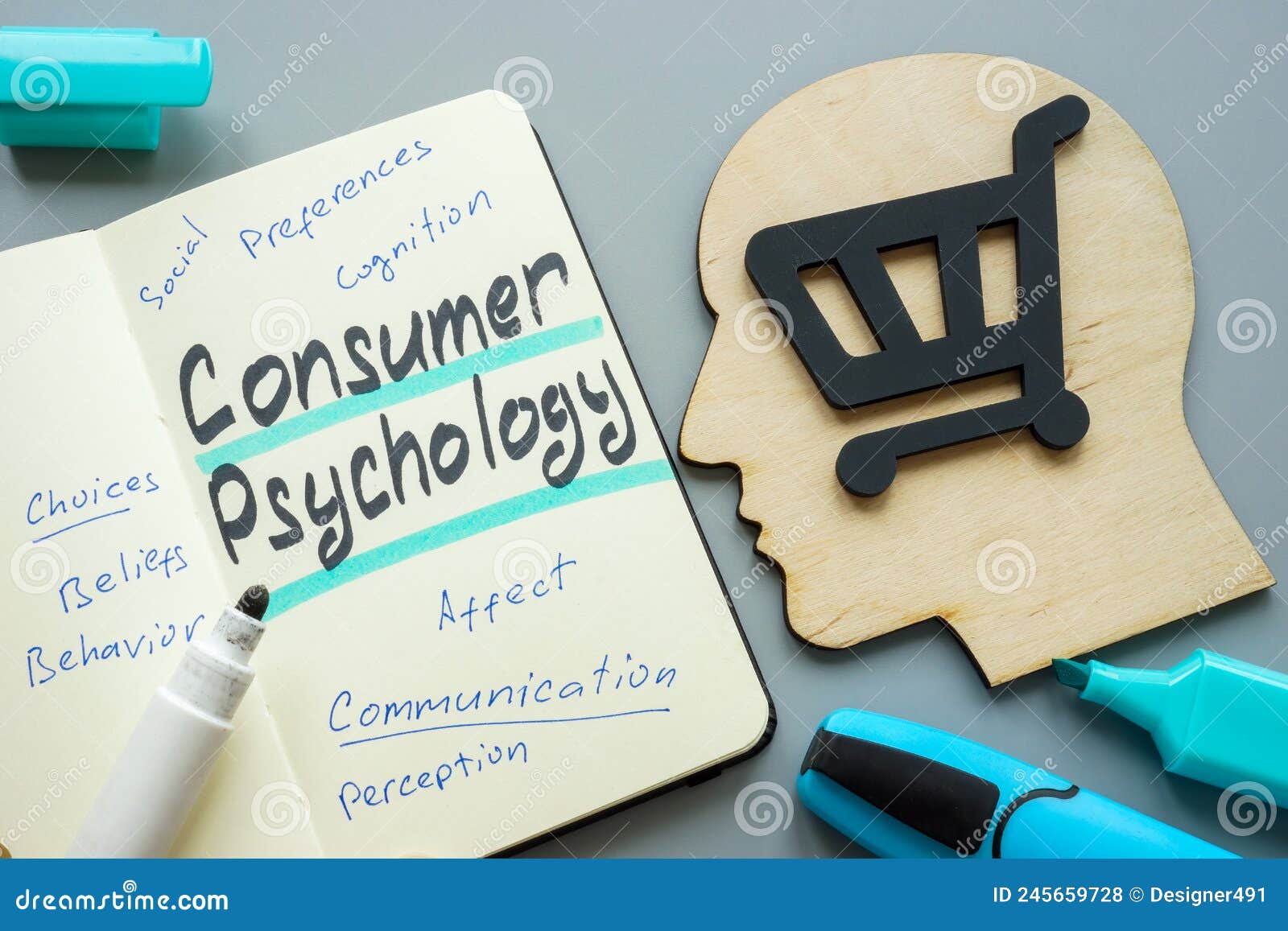 Consumer Psychology Notes and a Shopping Cart. Stock Photo Image of