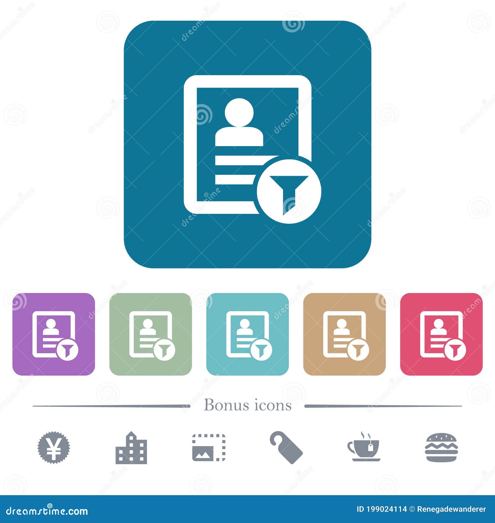 contact filter flat icons on color rounded square backgrounds
