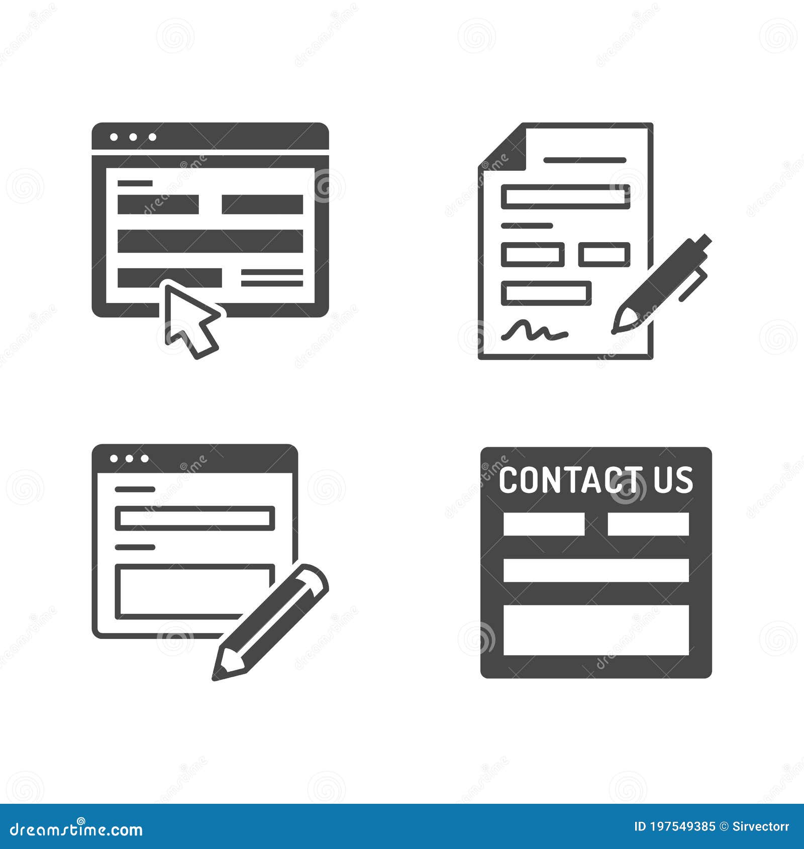 contact us flat glyph icons.   included icon as registration form, silhouette pictogram of web page