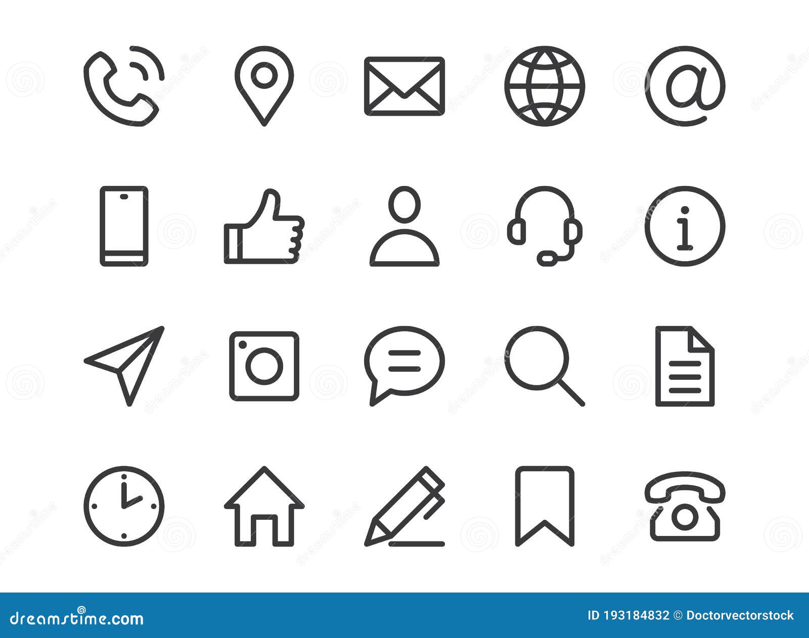 contact us line icon. minimal   with simple outline icons as phone, email, web site, address, location