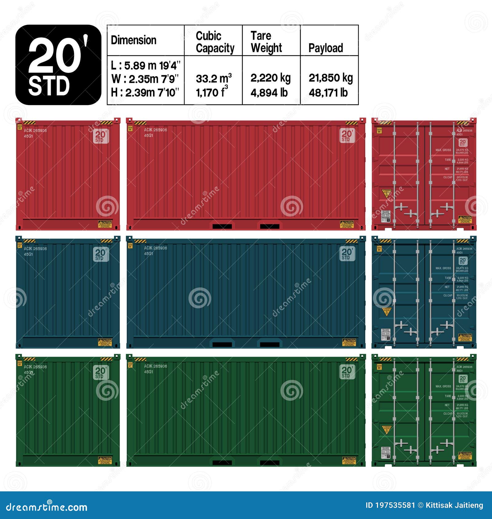 container 20 ft. standard  front ,side,back . dimension of the container is accurate refer to the table