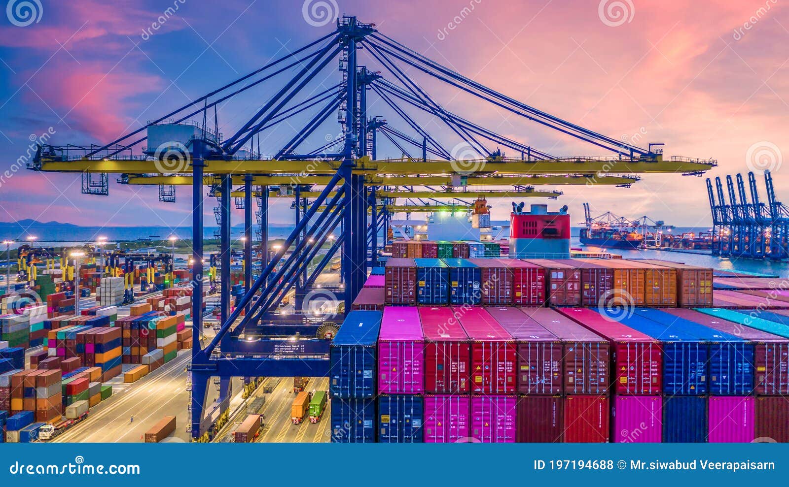 container ship in deep sea port at night, global business logistic import export freight shipping transportation oversea worldwide