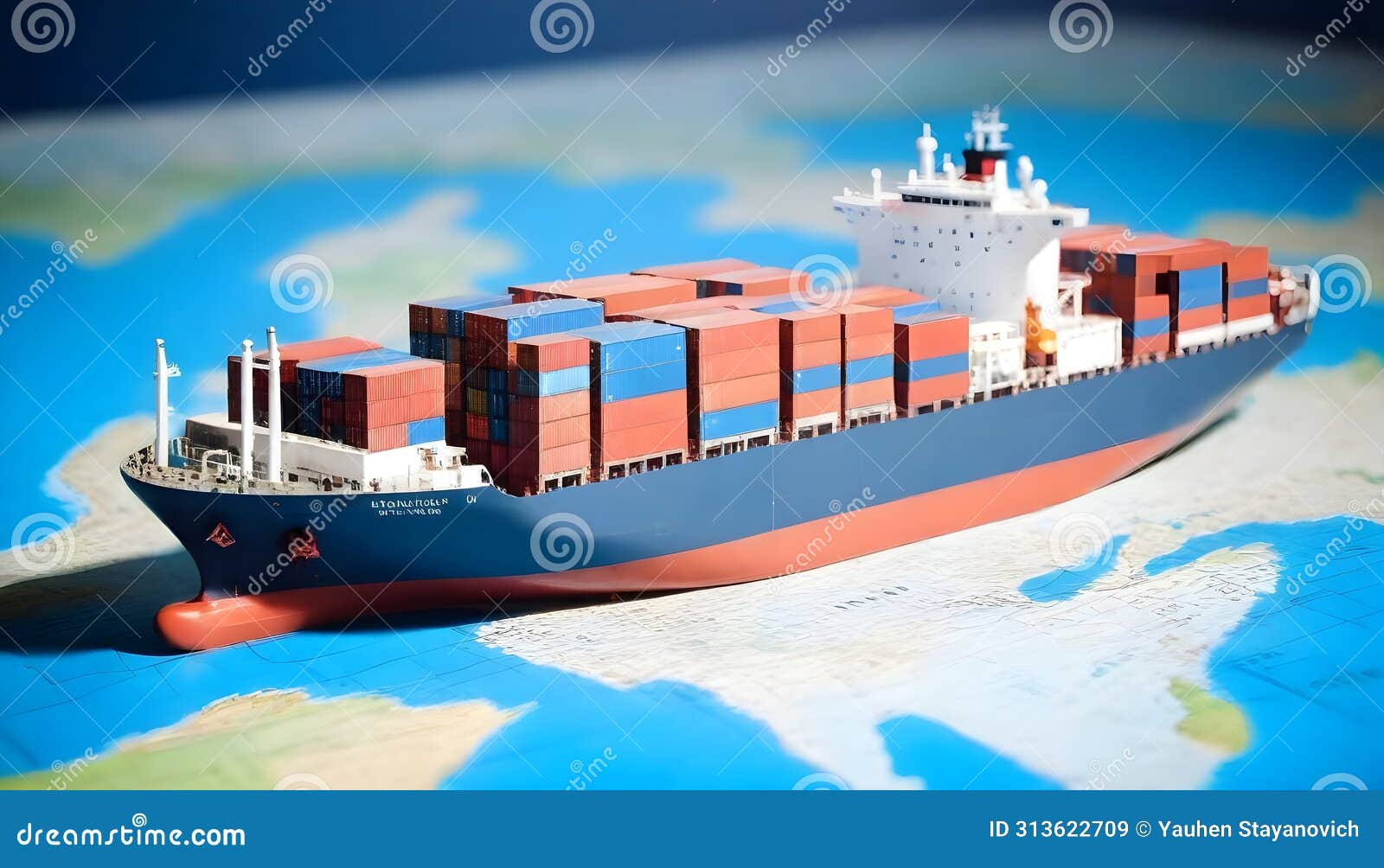 container ship model on world map , transcontinental transportation