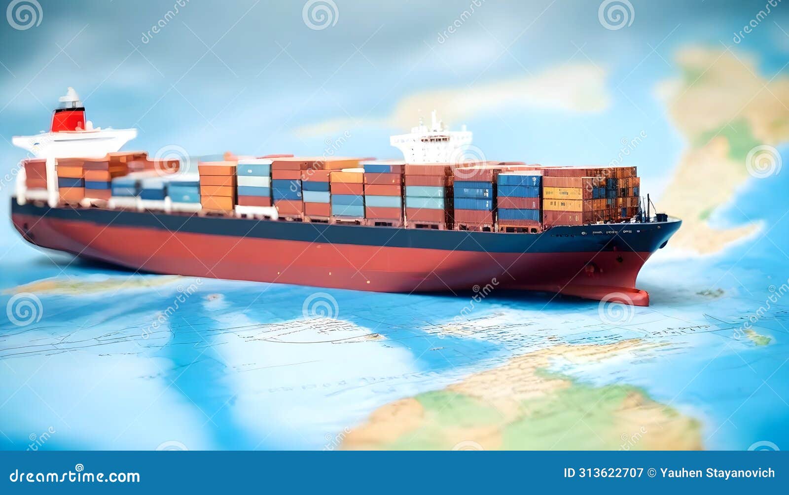 container ship model on world map , transcontinental transportation