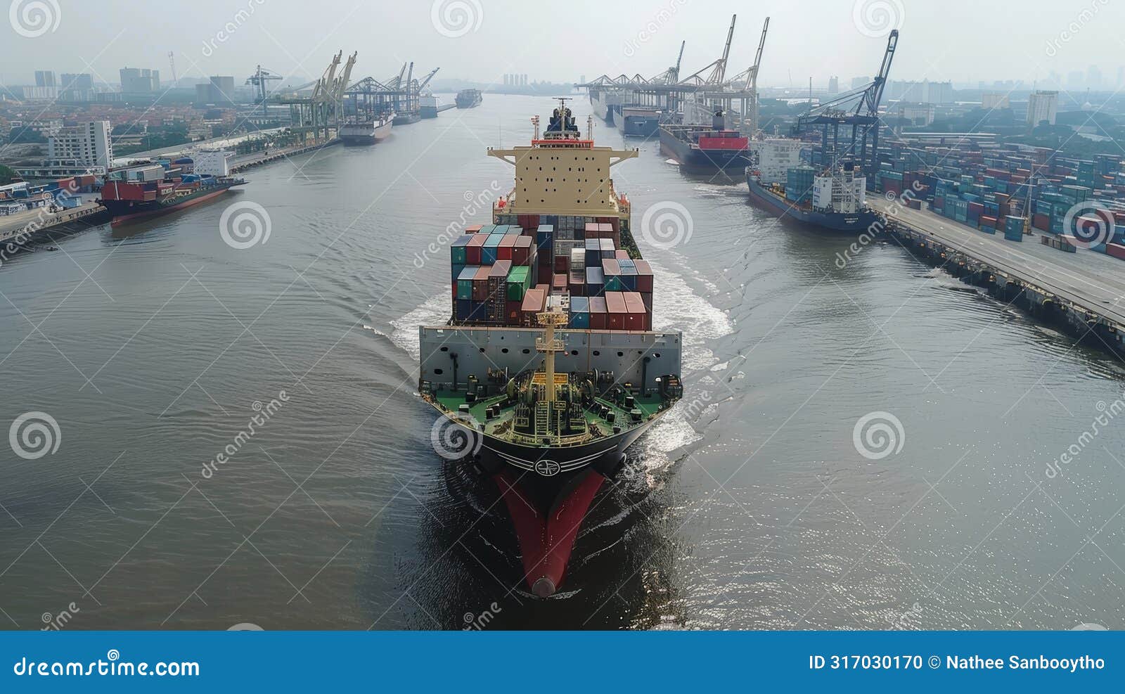 container ship navigating busy cargo port