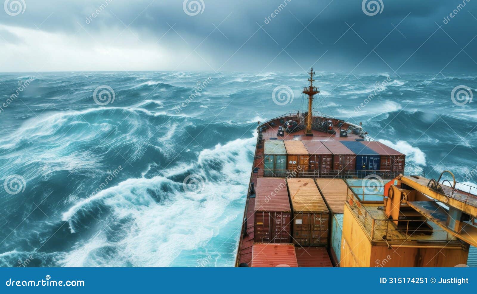 a container ship navigating through rough seas with crew members taking necessary safety precautions in accordance with