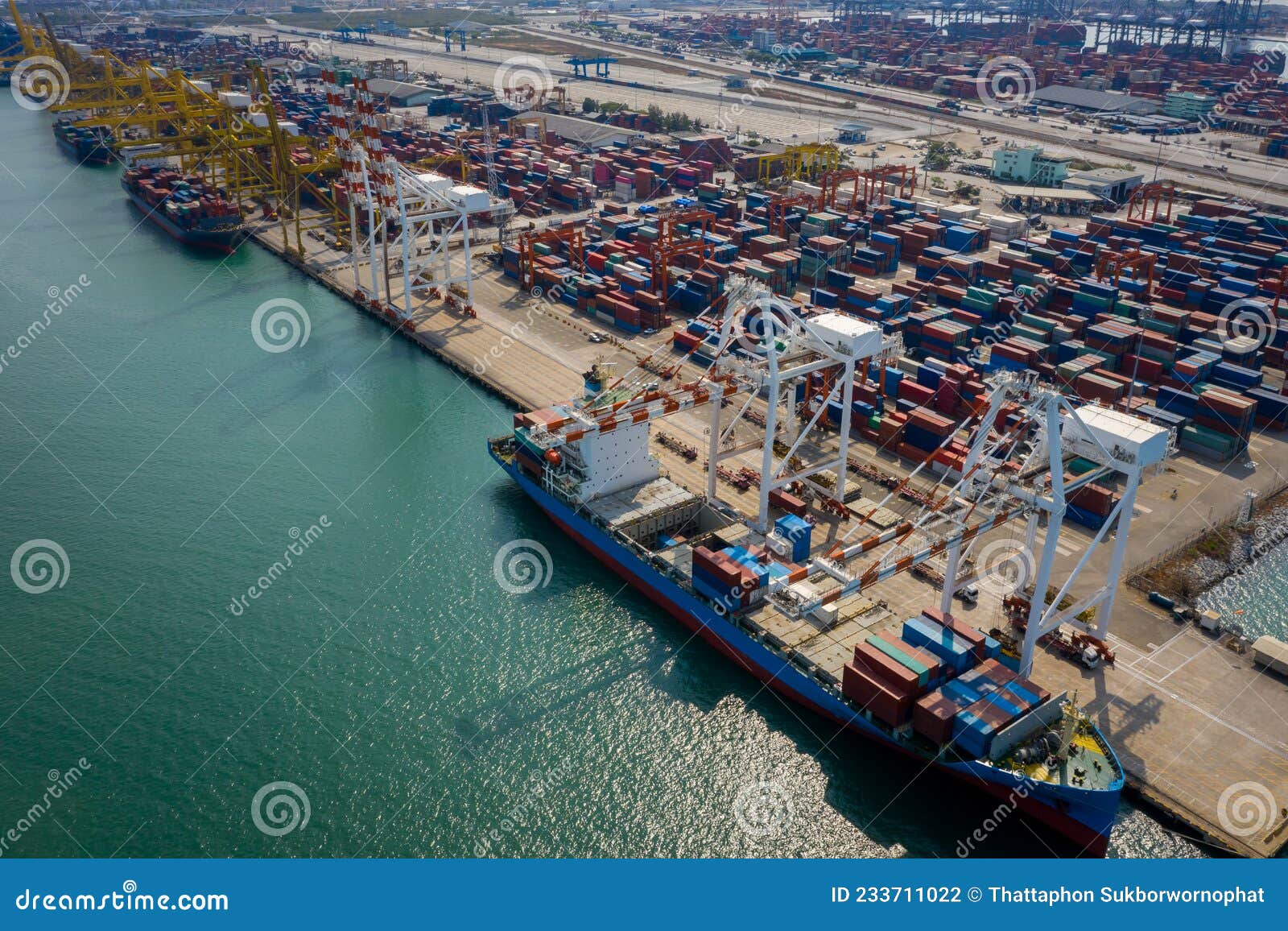 container ship terminal, and quay crane of container ship at industrial port with shipping container vessel, maritime cargo freigh