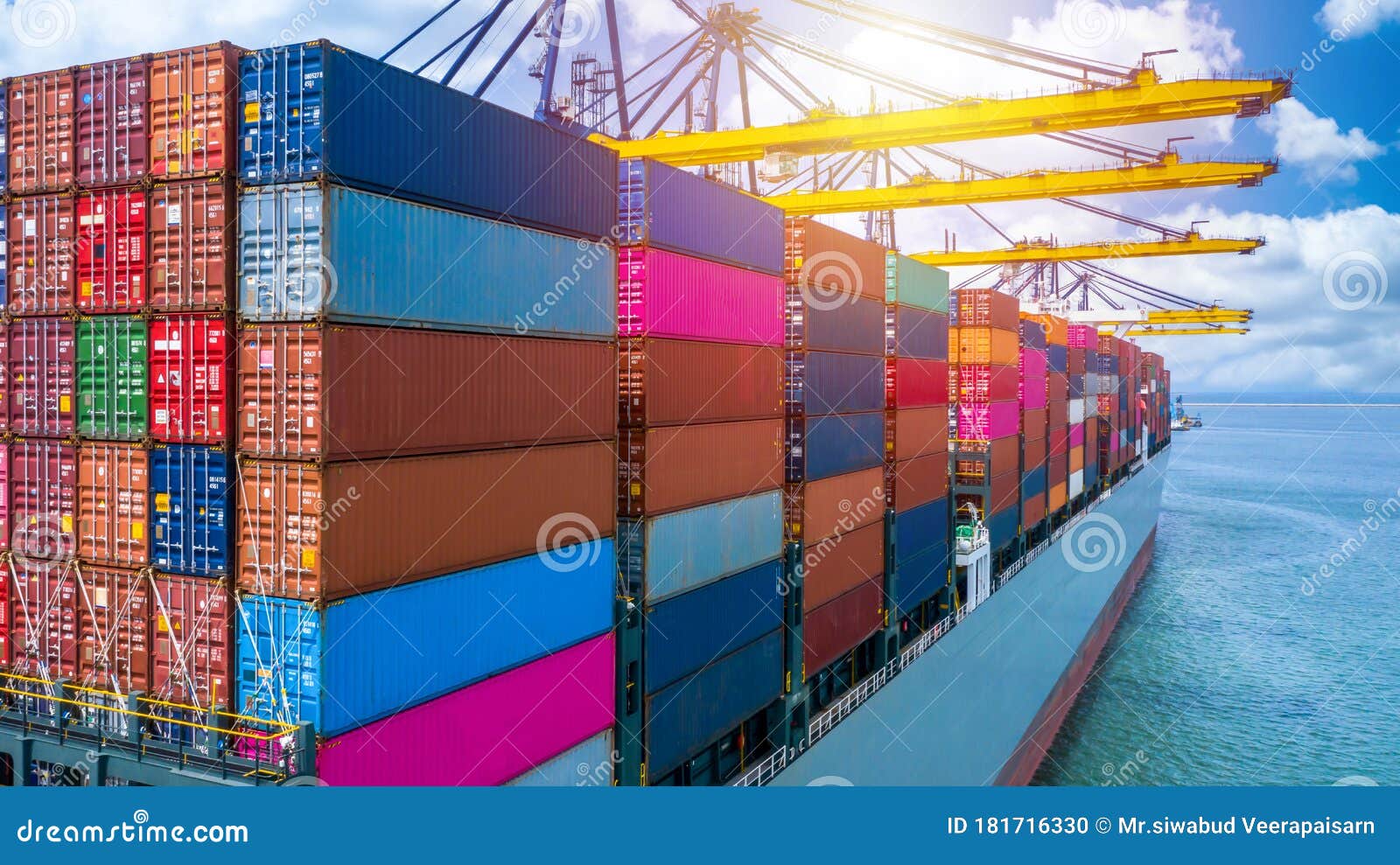 container ship unloading in deep sea port, global business logistic import export freight shipping transportation oversea