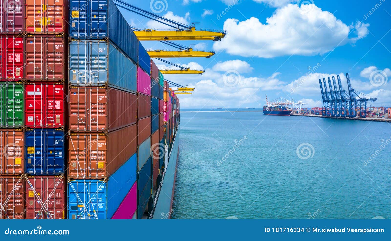 container ship unloading in deep sea port, global business logistic import export freight shipping transportation oversea