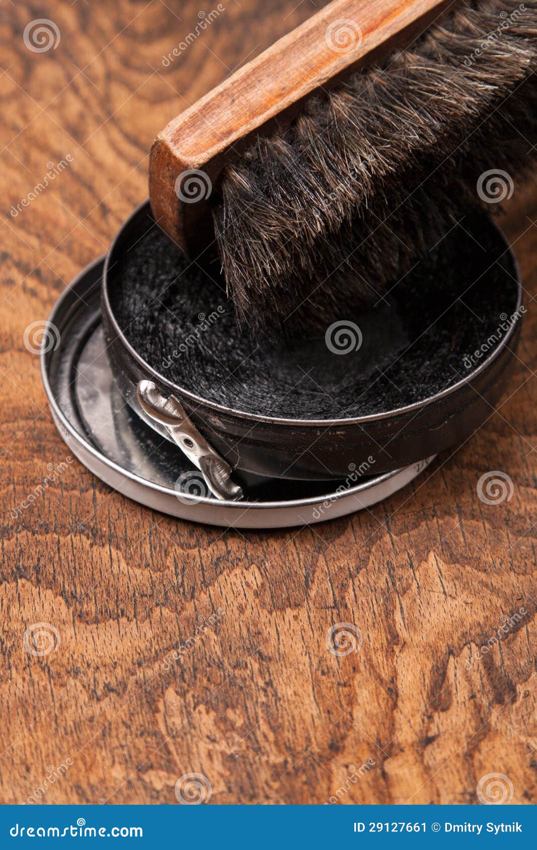 Container Of Shoe Polish And Brush On Wooden Stock Image Image of