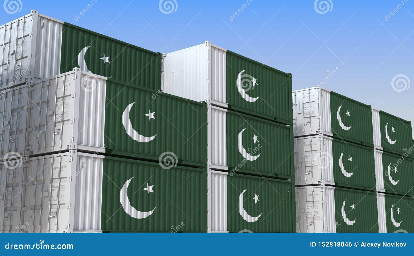 Container Terminal Full of Containers with Flag of Pakistan. Pakistani