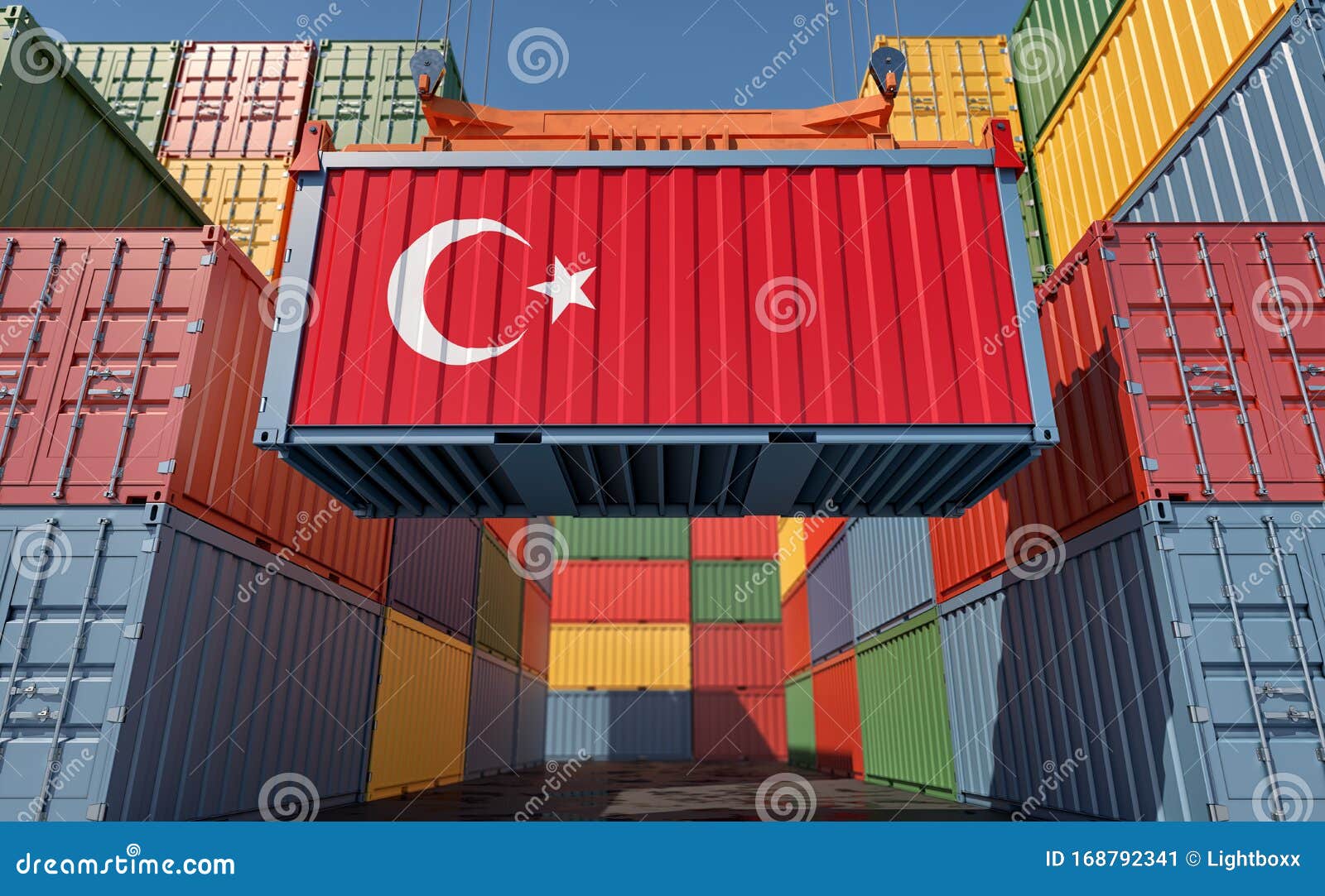 Container Terminal Shipping Container with Turkey Flag. Stock